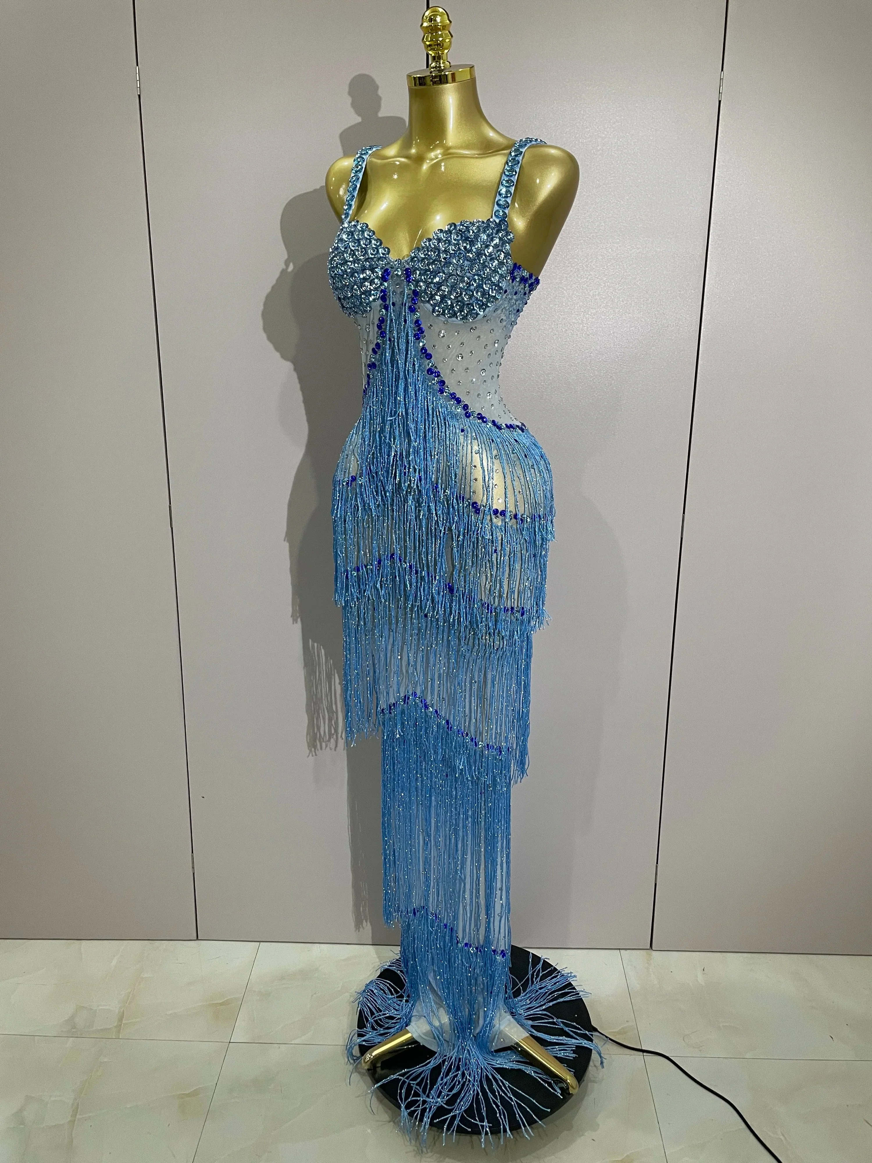 Sparkly Rhinestones Tassel sexy Mesh Slip Long Dress Women Celebrate Evening Prom Birthday paty Dress Photoshoot Stage Wear - Image 2