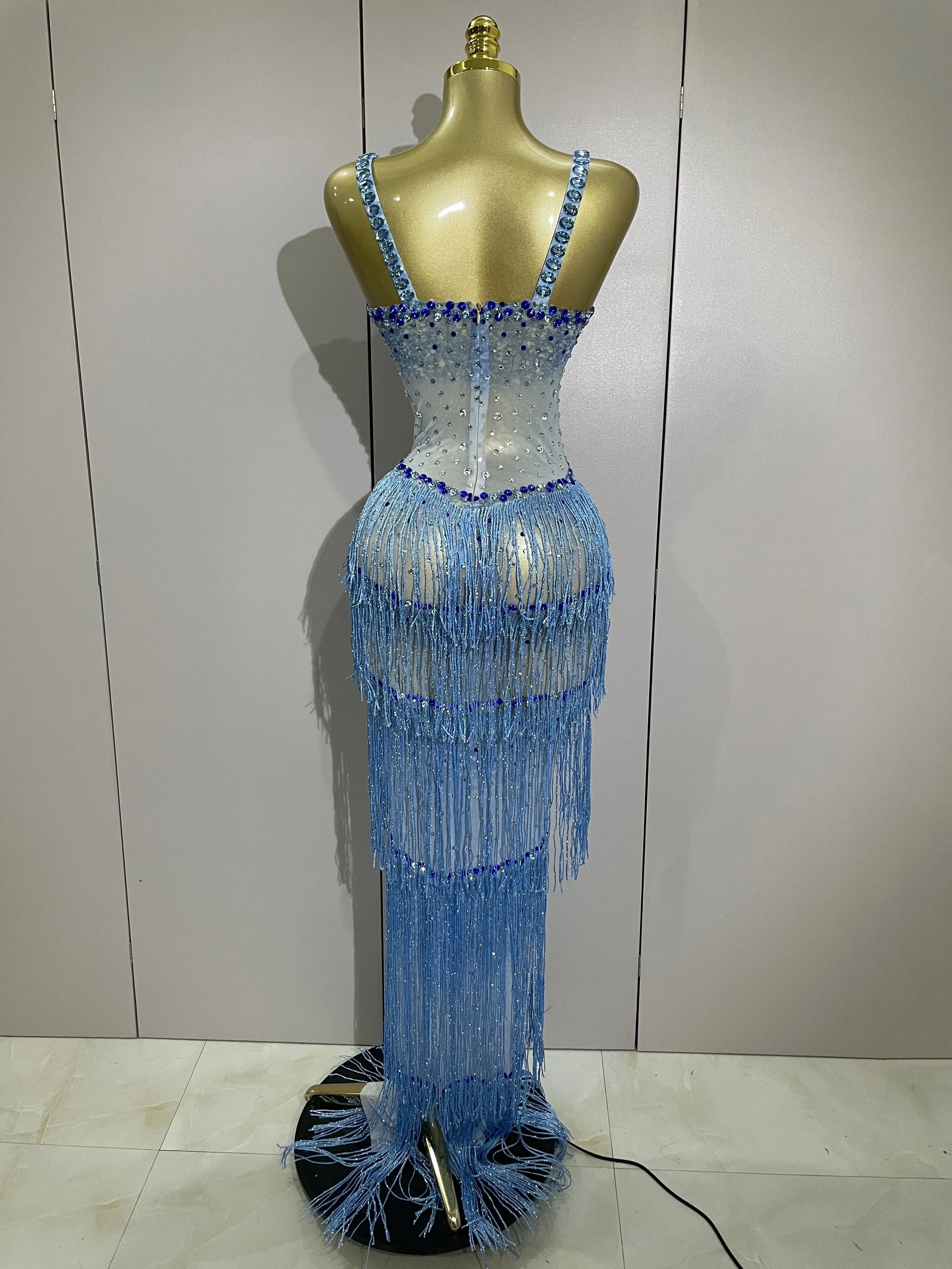 Sparkly Rhinestones Tassel sexy Mesh Slip Long Dress Women Celebrate Evening Prom Birthday paty Dress Photoshoot Stage Wear - Image 3
