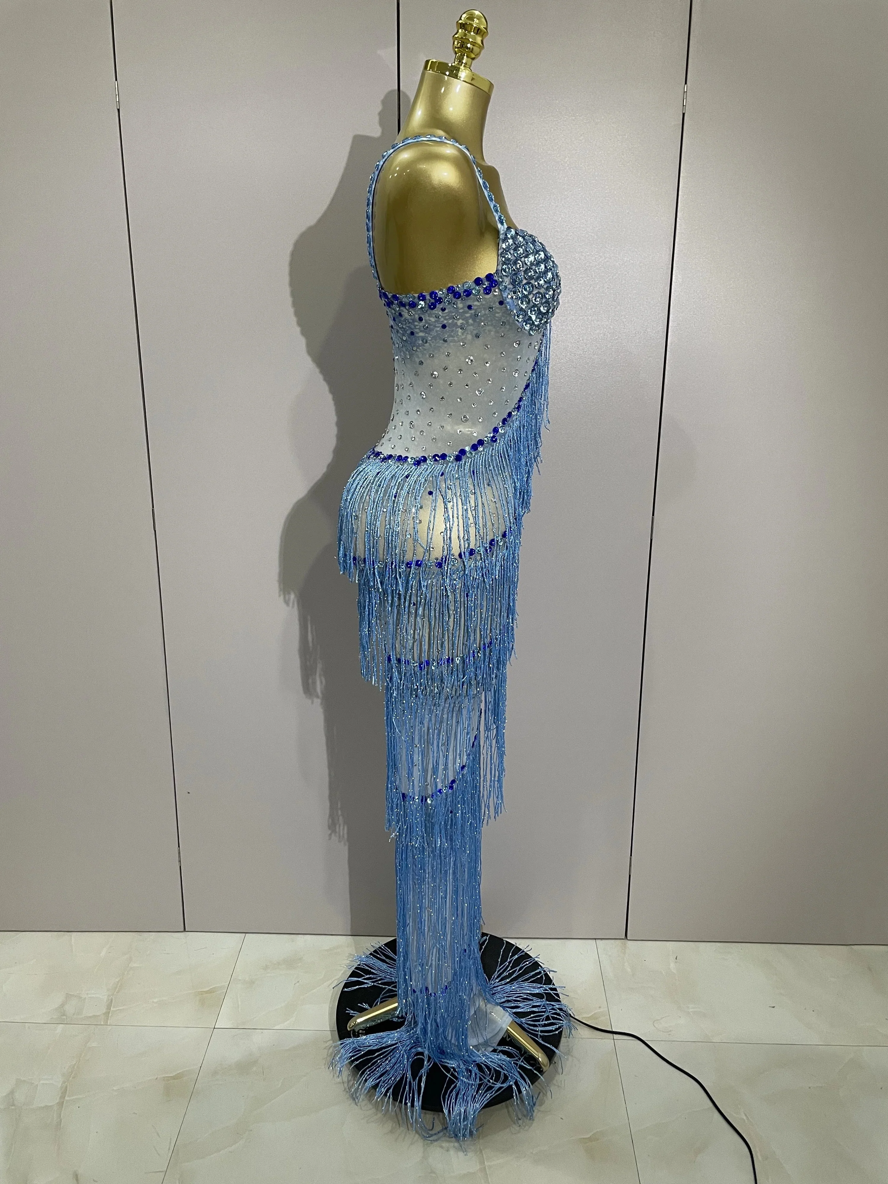 Sparkly Rhinestones Tassel sexy Mesh Slip Long Dress Women Celebrate Evening Prom Birthday paty Dress Photoshoot Stage Wear - Image 4