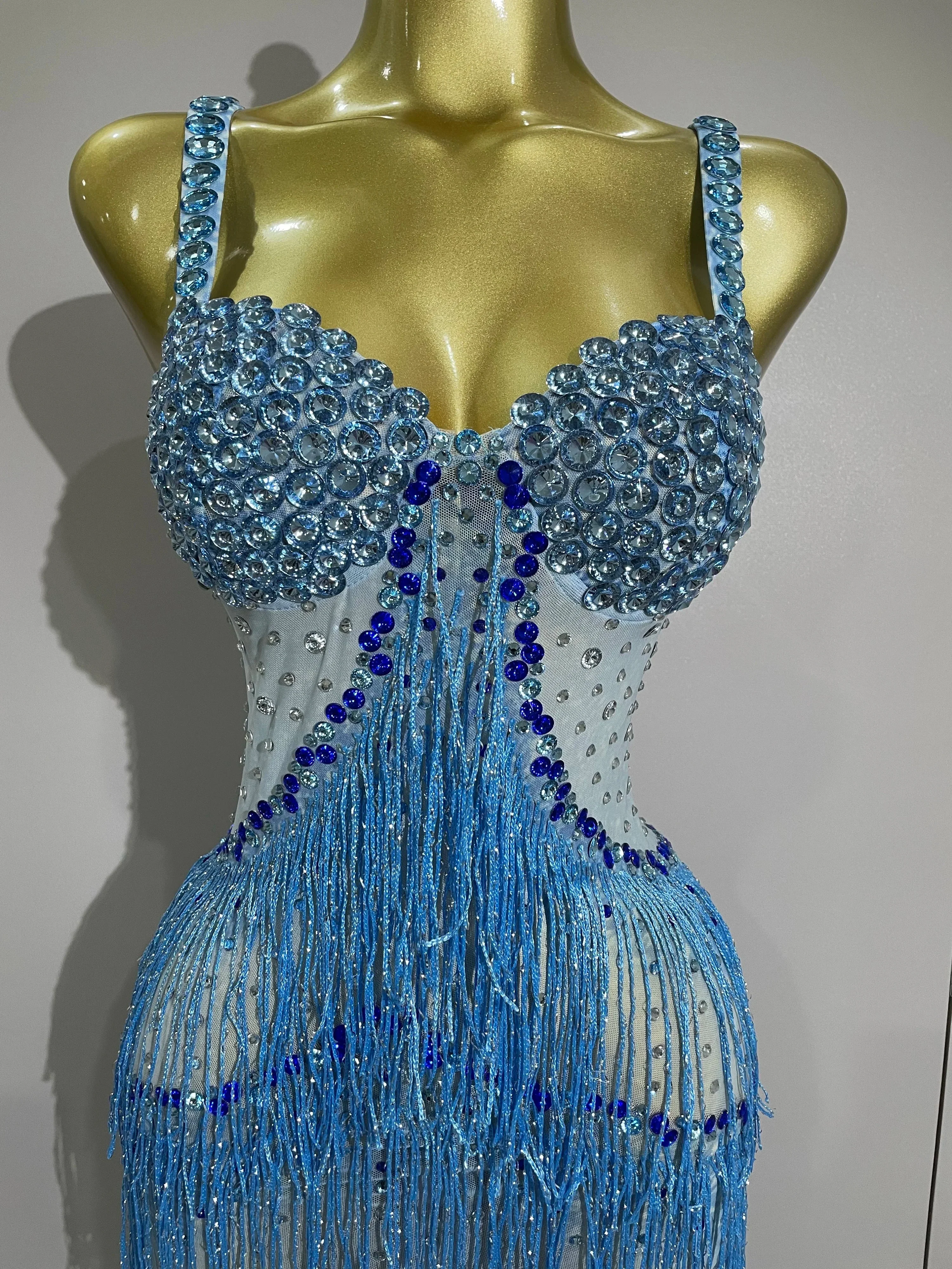 Sparkly Rhinestones Tassel sexy Mesh Slip Long Dress Women Celebrate Evening Prom Birthday paty Dress Photoshoot Stage Wear - Image 5