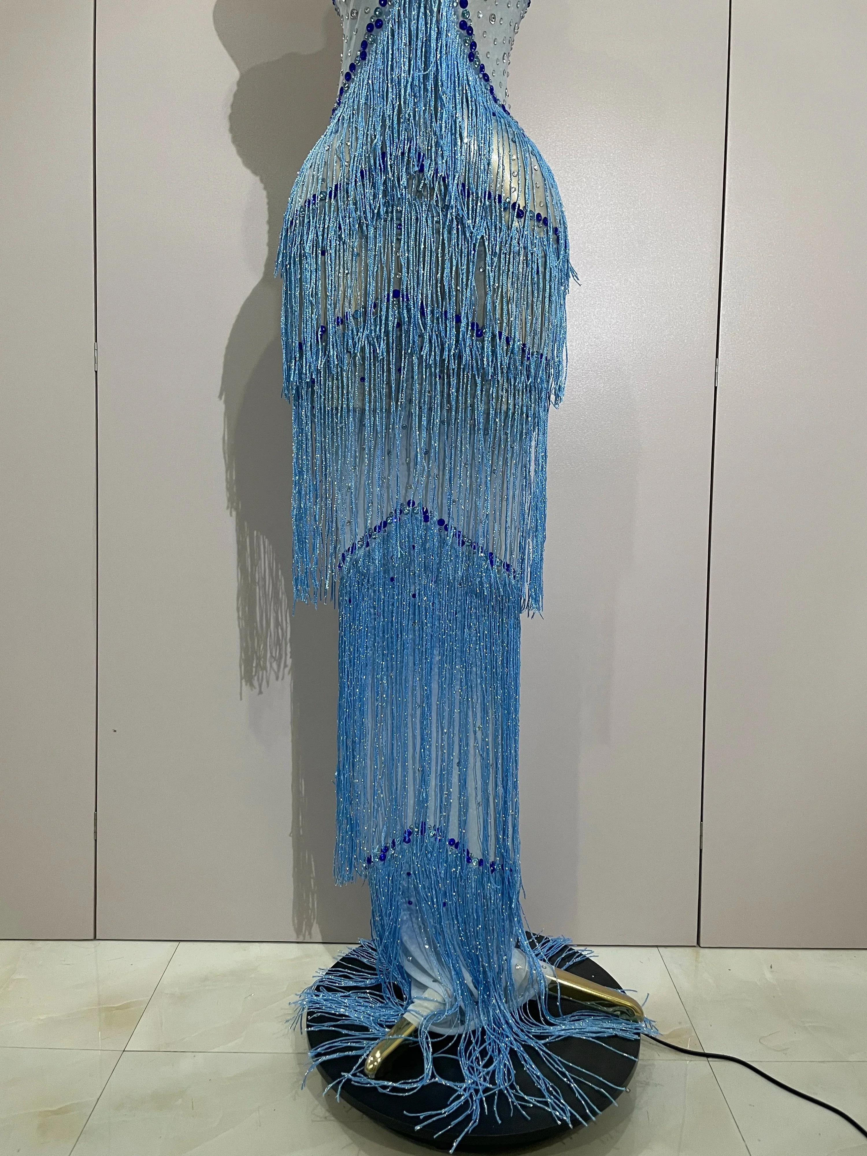 Sparkly Rhinestones Tassel sexy Mesh Slip Long Dress Women Celebrate Evening Prom Birthday paty Dress Photoshoot Stage Wear - Image 6