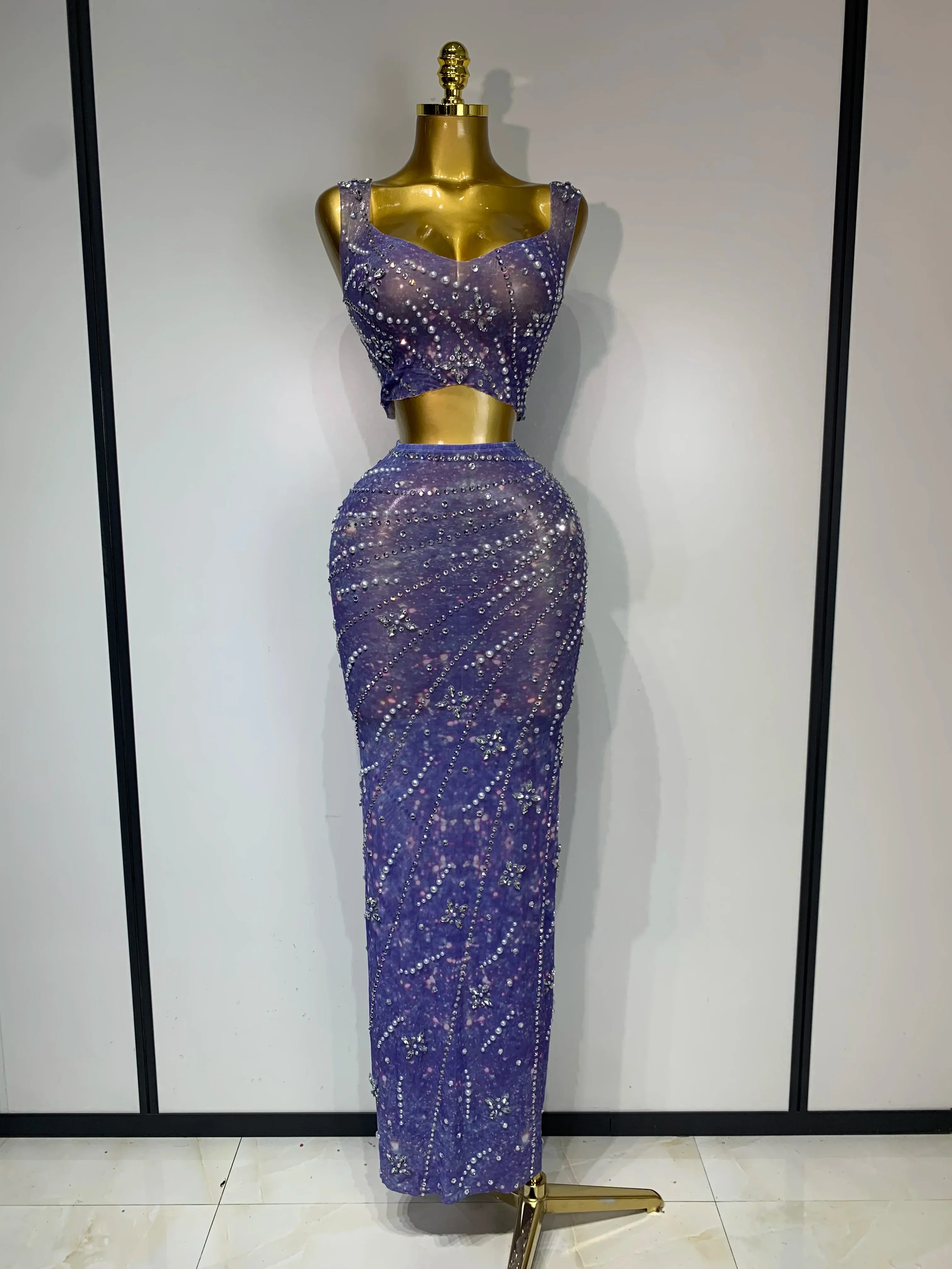 Sparkly Rhinestones Top Long Skirt Two Pieces Set Women Celebirty Luxury Birthday Dress Nightclub Stage Performance Costume