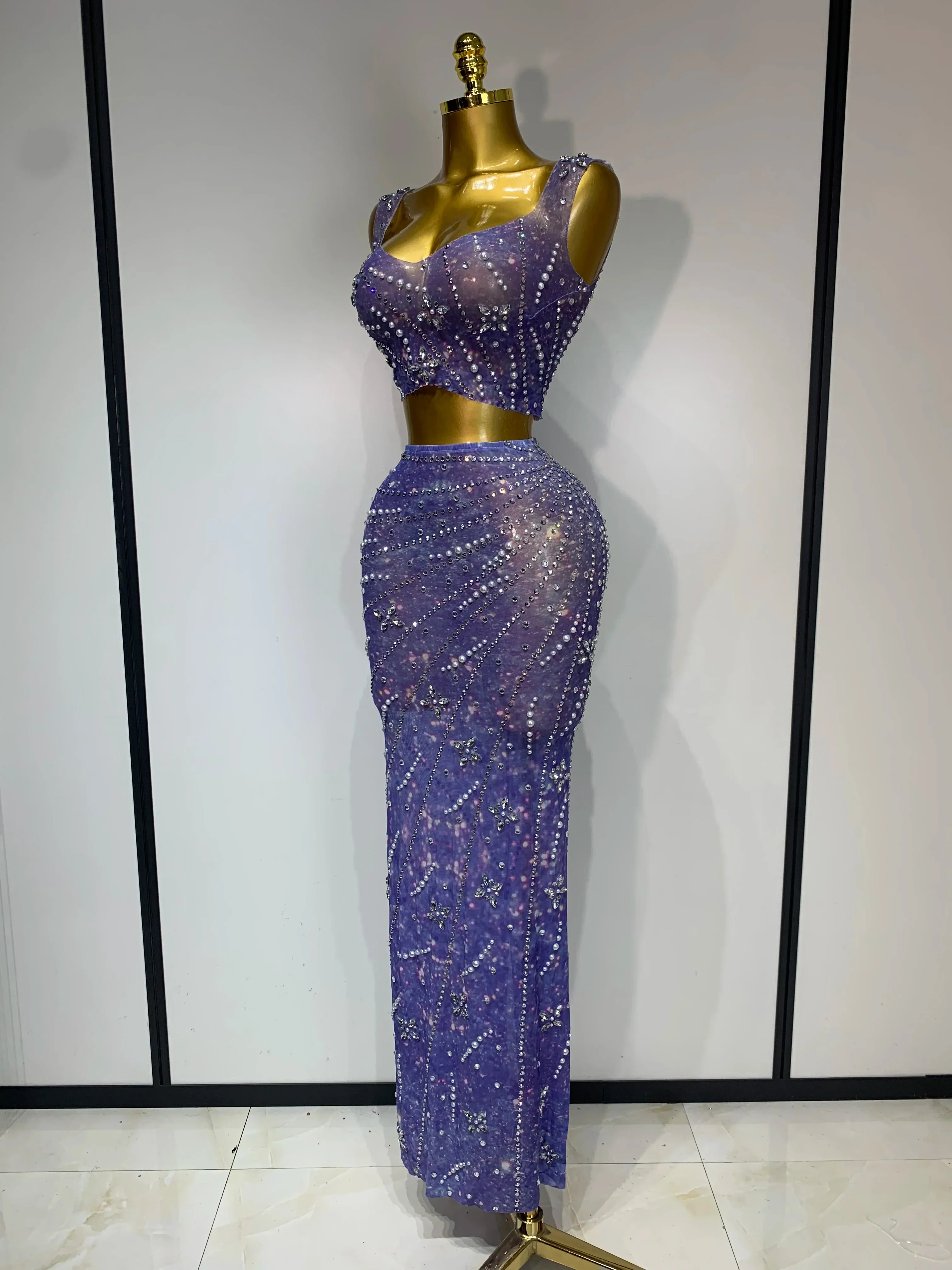 Sparkly Rhinestones Top Long Skirt Two Pieces Set Women Celebirty Luxury Birthday Dress Nightclub Stage Performance Costume - Image 2