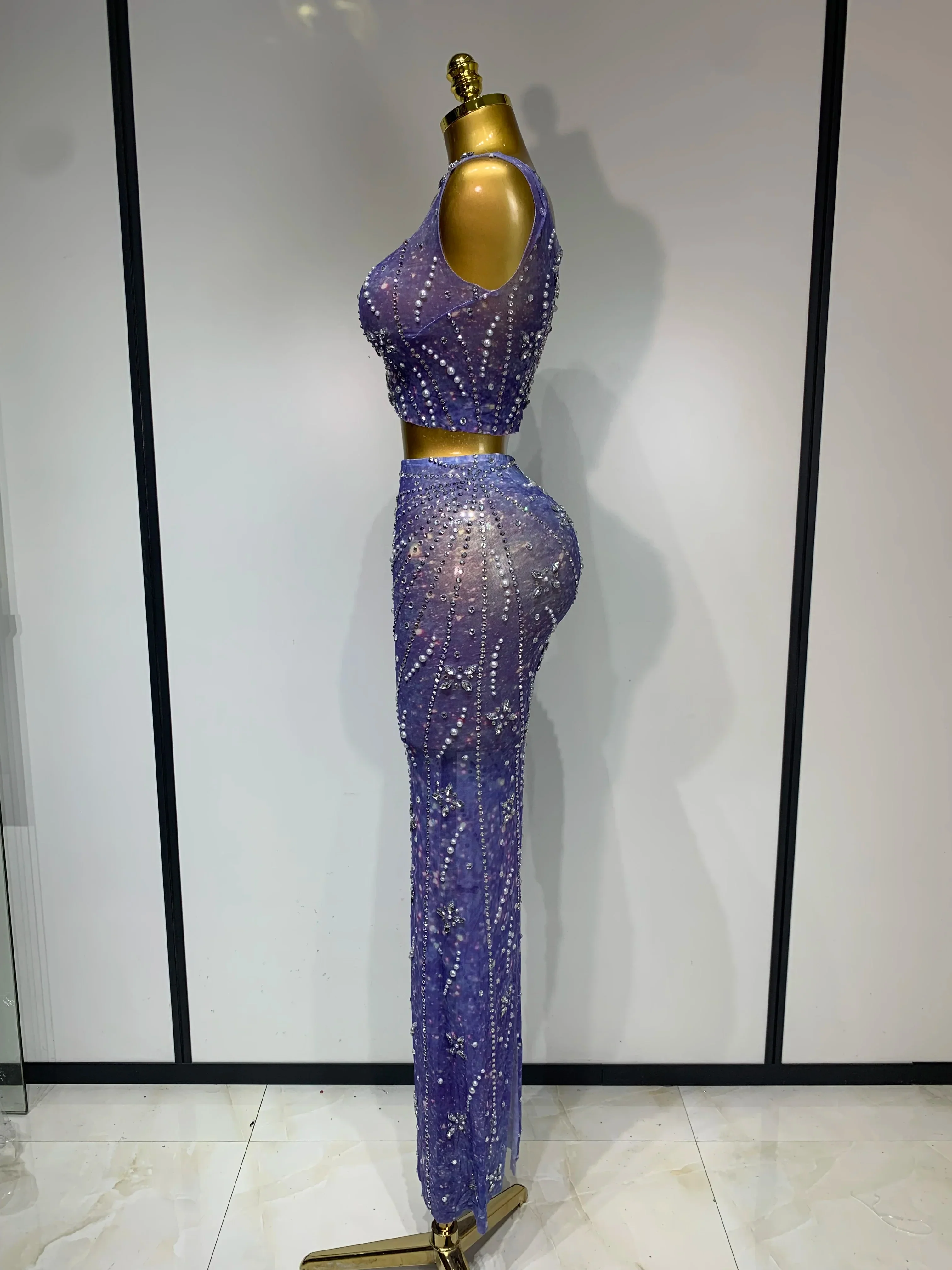 Sparkly Rhinestones Top Long Skirt Two Pieces Set Women Celebirty Luxury Birthday Dress Nightclub Stage Performance Costume - Image 3