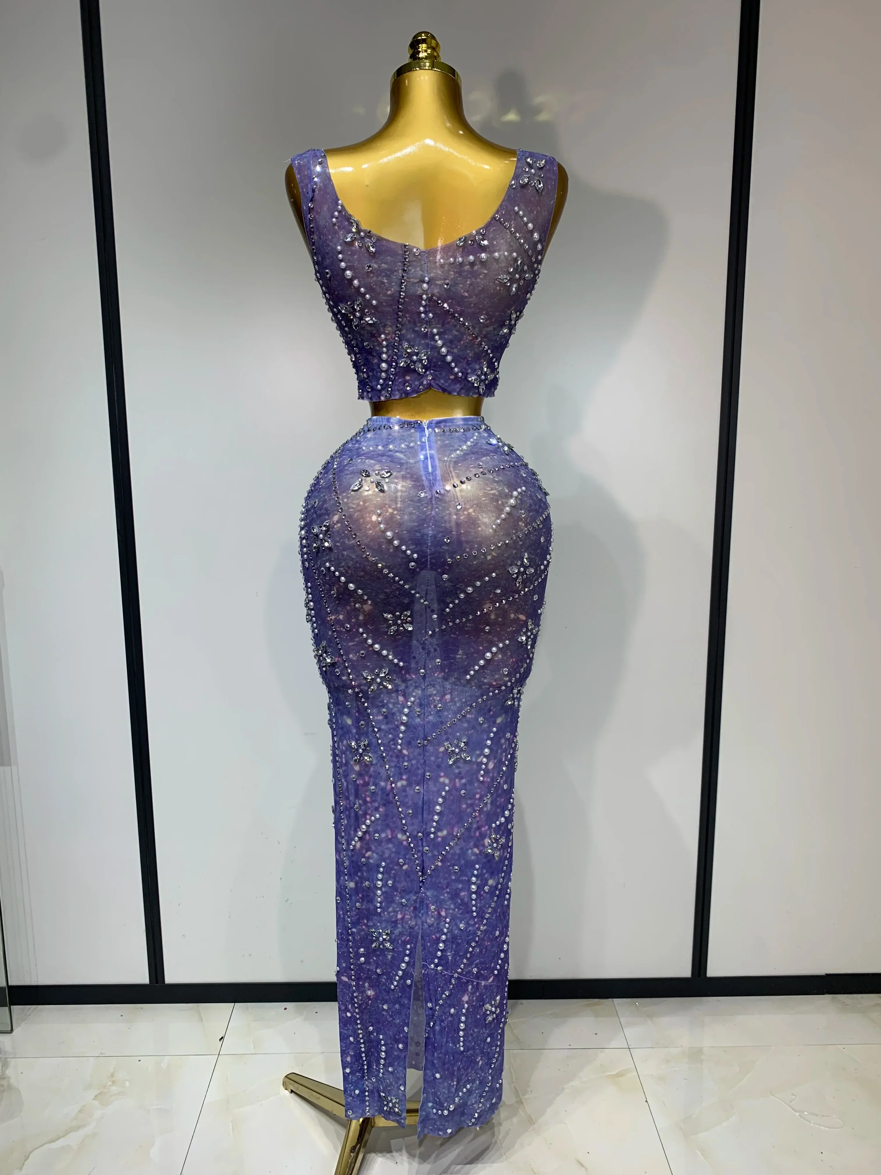 Sparkly Rhinestones Top Long Skirt Two Pieces Set Women Celebirty Luxury Birthday Dress Nightclub Stage Performance Costume - Image 4