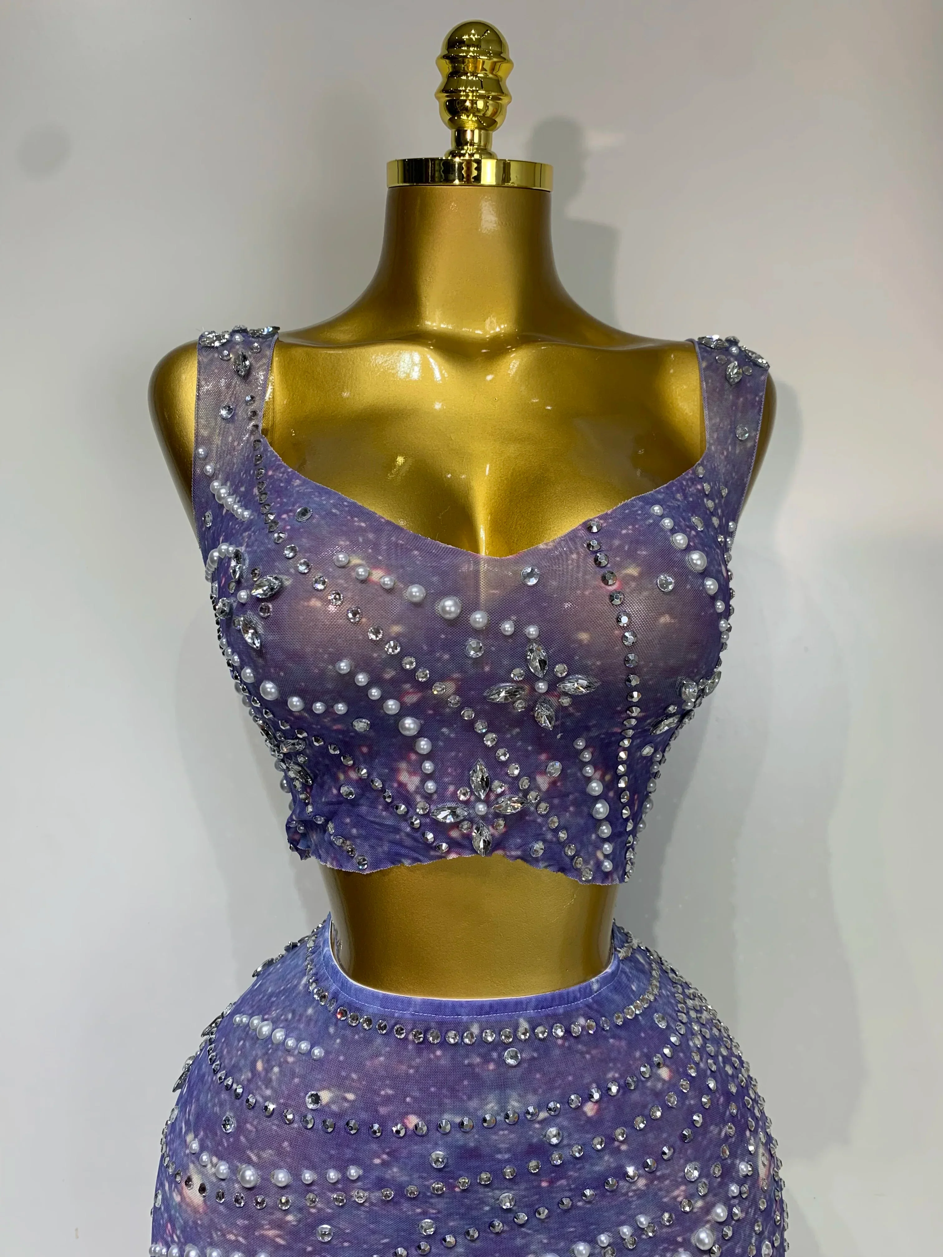 Sparkly Rhinestones Top Long Skirt Two Pieces Set Women Celebirty Luxury Birthday Dress Nightclub Stage Performance Costume - Image 5