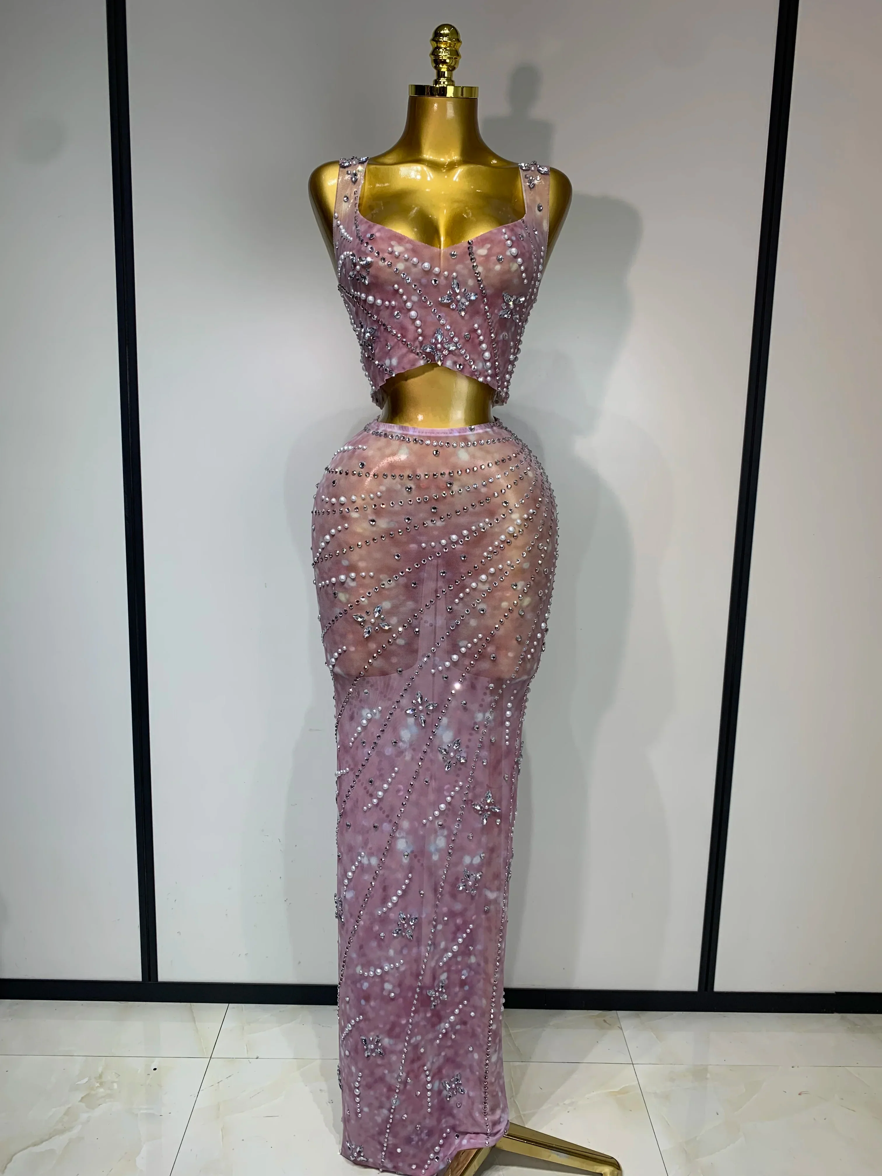 Sparkly Rhinestones Top Long Skirt Two Pieces Set Women Celebirty Luxury Birthday Dress Nightclub Stage Performance Costume - Image 7