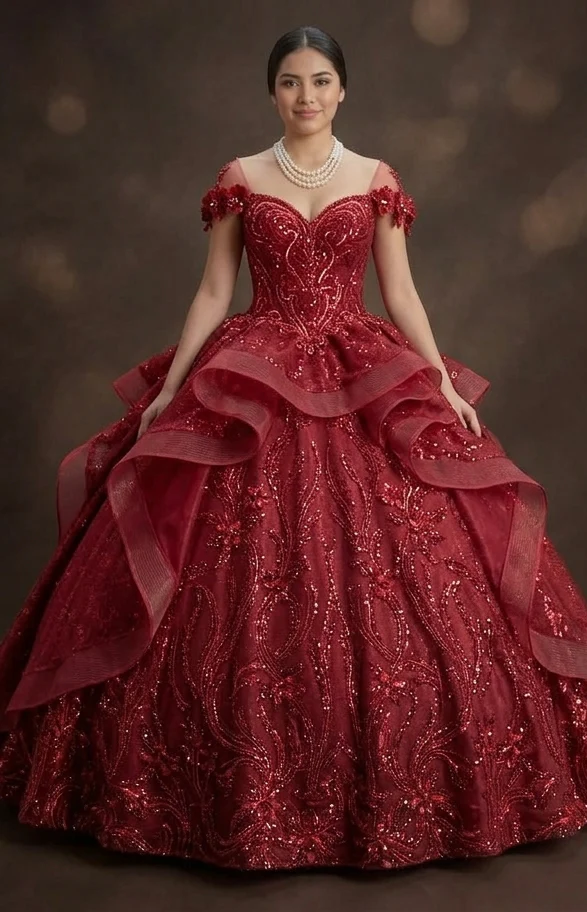 Sparkly Sequin Red Quinceañera Dress with Detachable Train - Image 2