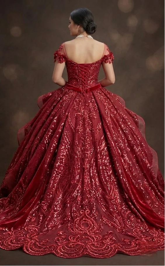 Sparkly Sequin Red Quinceañera Dress with Detachable Train - Image 3