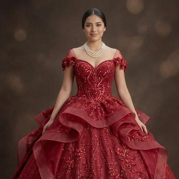 Sparkly Sequin Red Quinceañera Dress with Detachable Train - Image 4