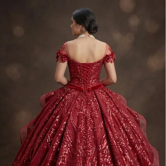 Sparkly Sequin Red Quinceañera Dress with Detachable Train - Image 5