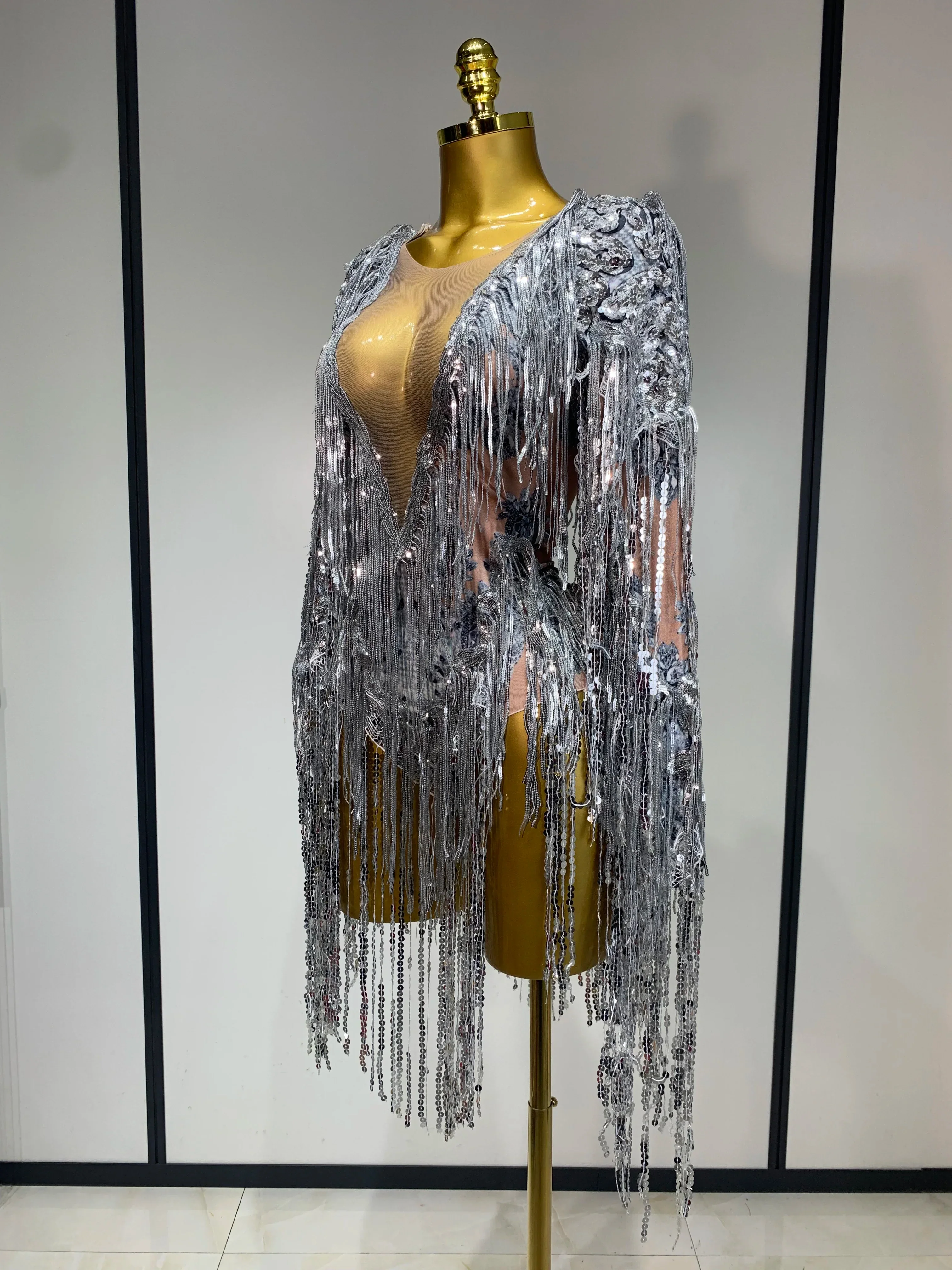 Sparkly Sequin Tassels Long Sleeve Silver Bodysuit Bar Women Singer Show Costume Celebrate Outfit Evening Dance Stage Outfit - Image 2