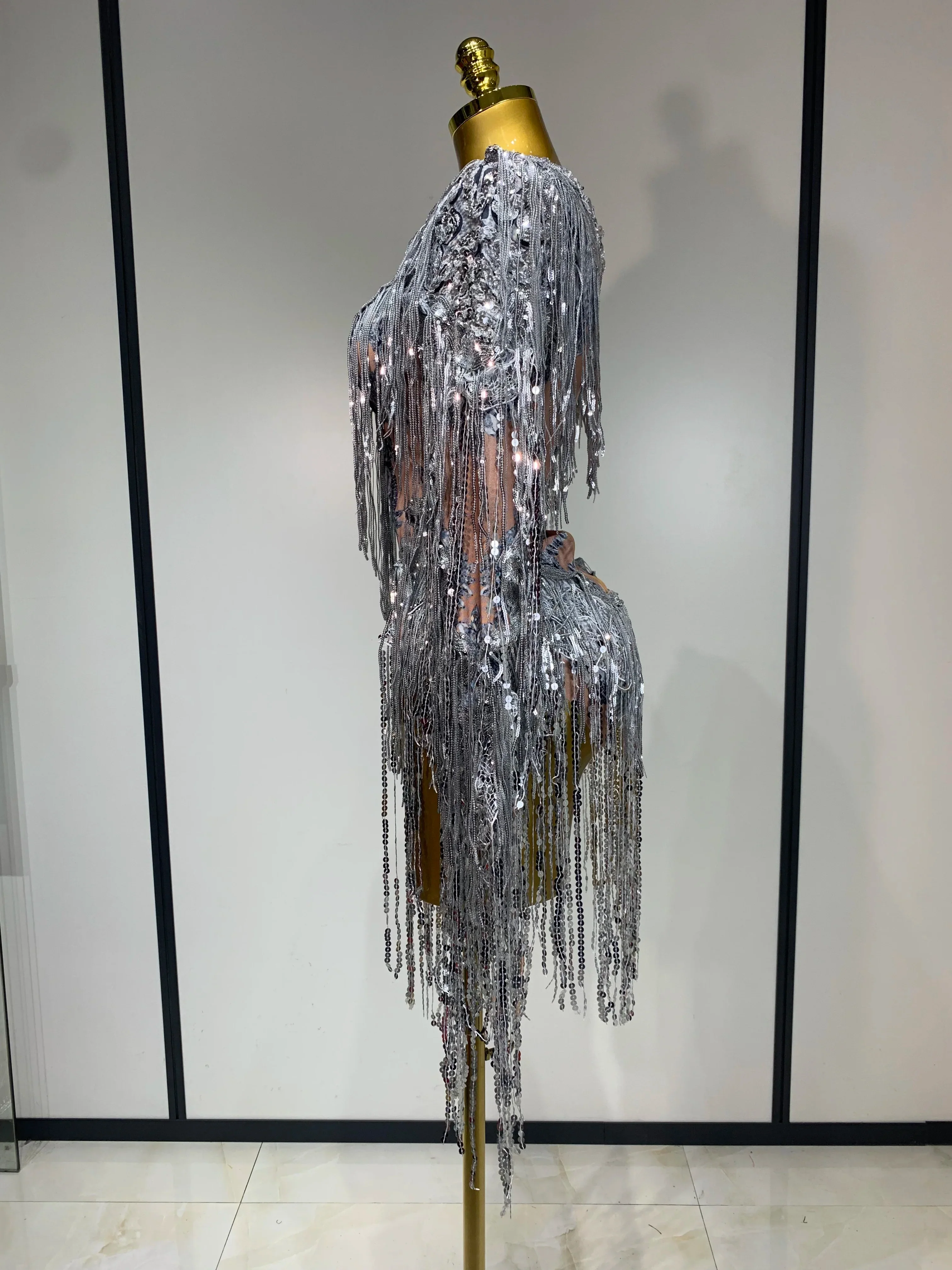 Sparkly Sequin Tassels Long Sleeve Silver Bodysuit Bar Women Singer Show Costume Celebrate Outfit Evening Dance Stage Outfit - Image 3