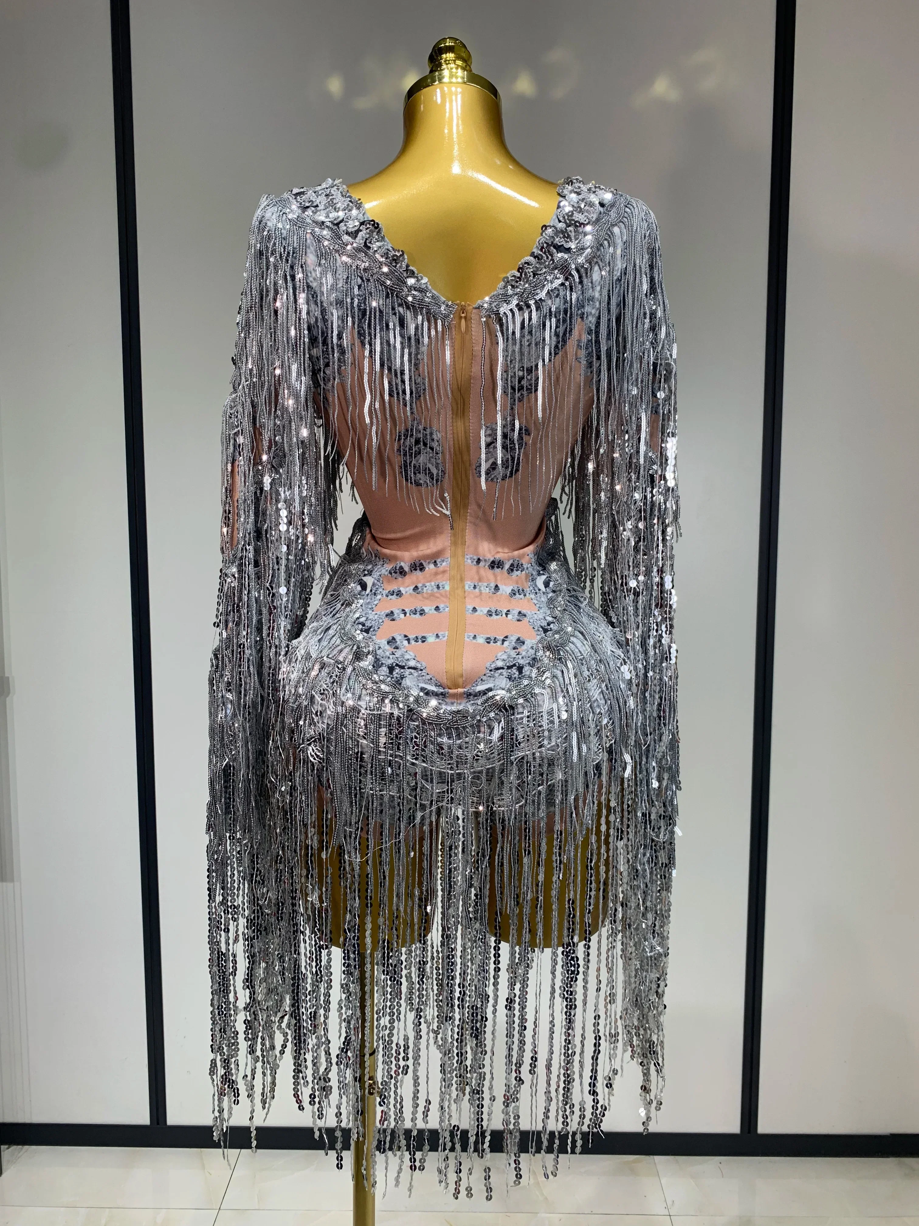 Sparkly Sequin Tassels Long Sleeve Silver Bodysuit Bar Women Singer Show Costume Celebrate Outfit Evening Dance Stage Outfit - Image 4