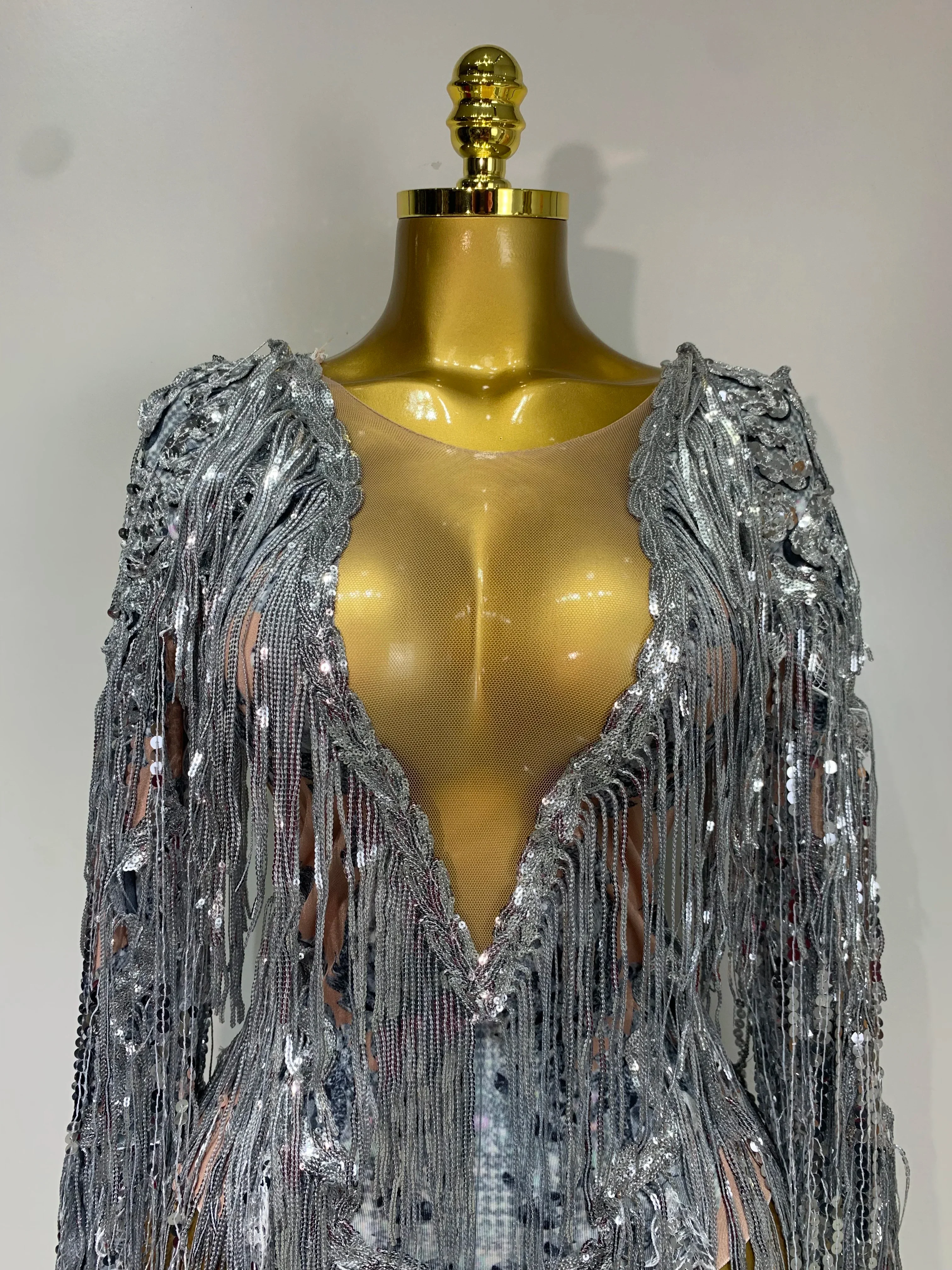 Sparkly Sequin Tassels Long Sleeve Silver Bodysuit Bar Women Singer Show Costume Celebrate Outfit Evening Dance Stage Outfit - Image 5