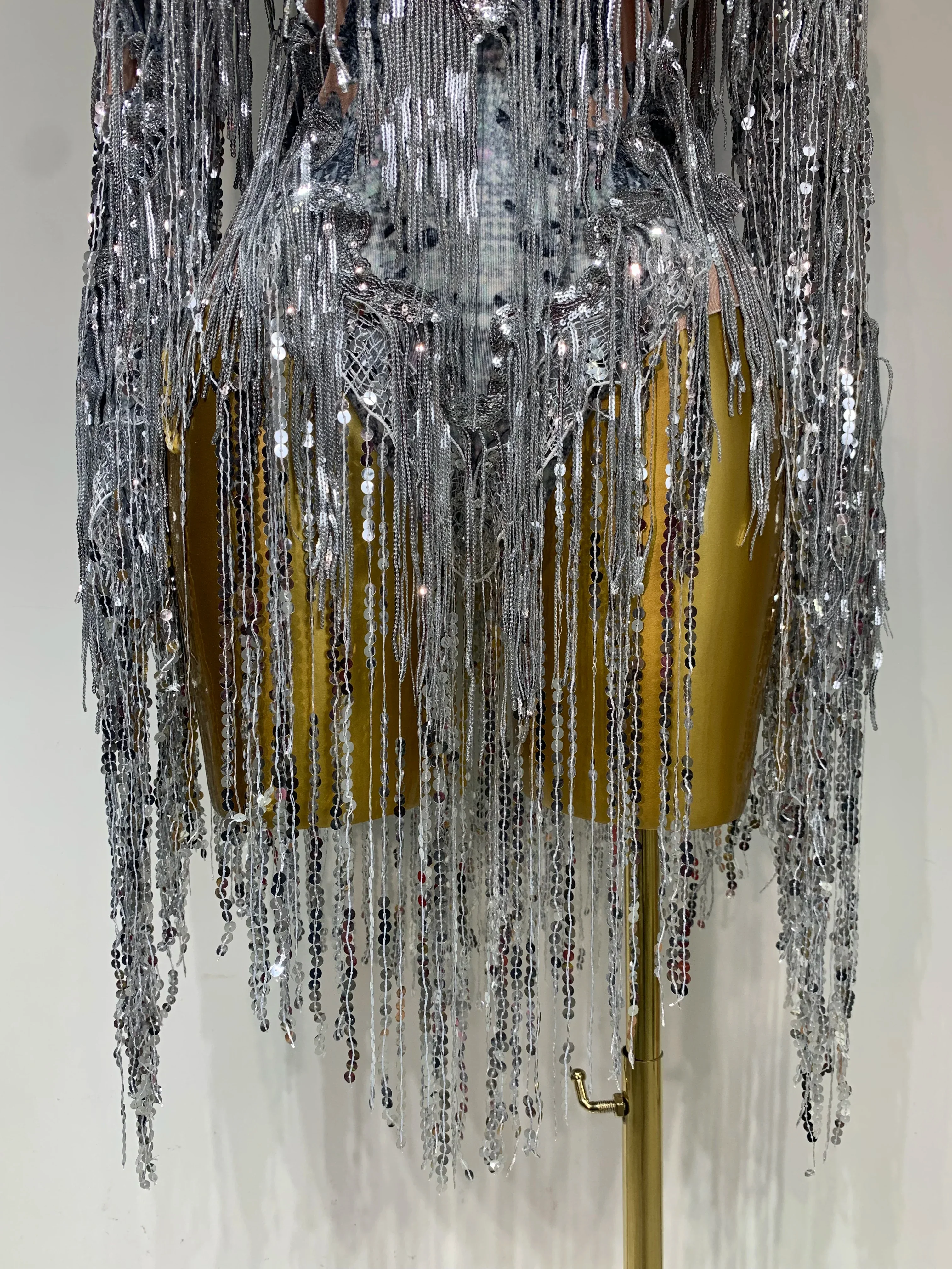 Sparkly Sequin Tassels Long Sleeve Silver Bodysuit Bar Women Singer Show Costume Celebrate Outfit Evening Dance Stage Outfit - Image 6