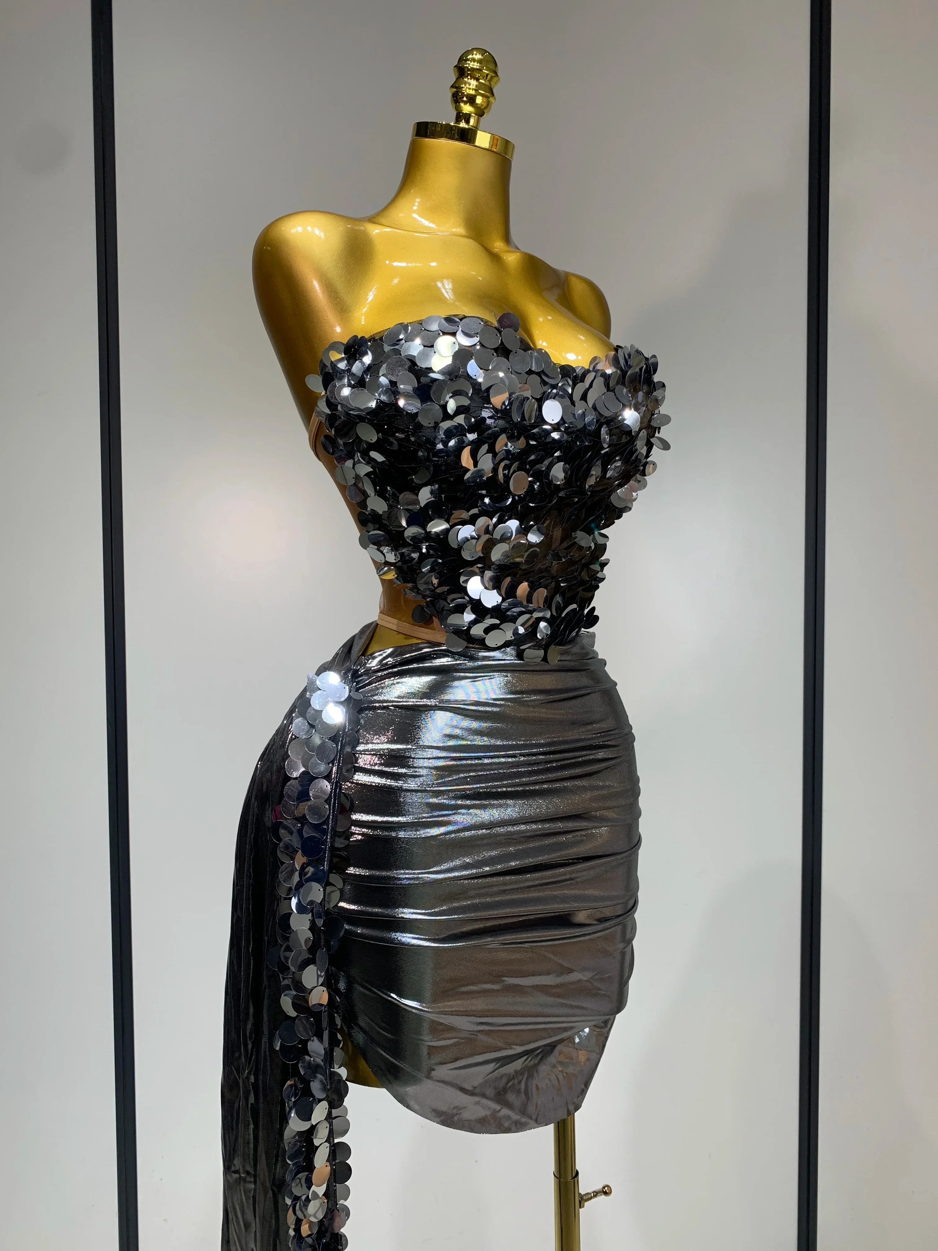 Sparkly Sequin Two Piece Set Sexy Strapless Backless Women's Outfit Evening Party Nightclub Stage Performance Dance Costume - Image 2