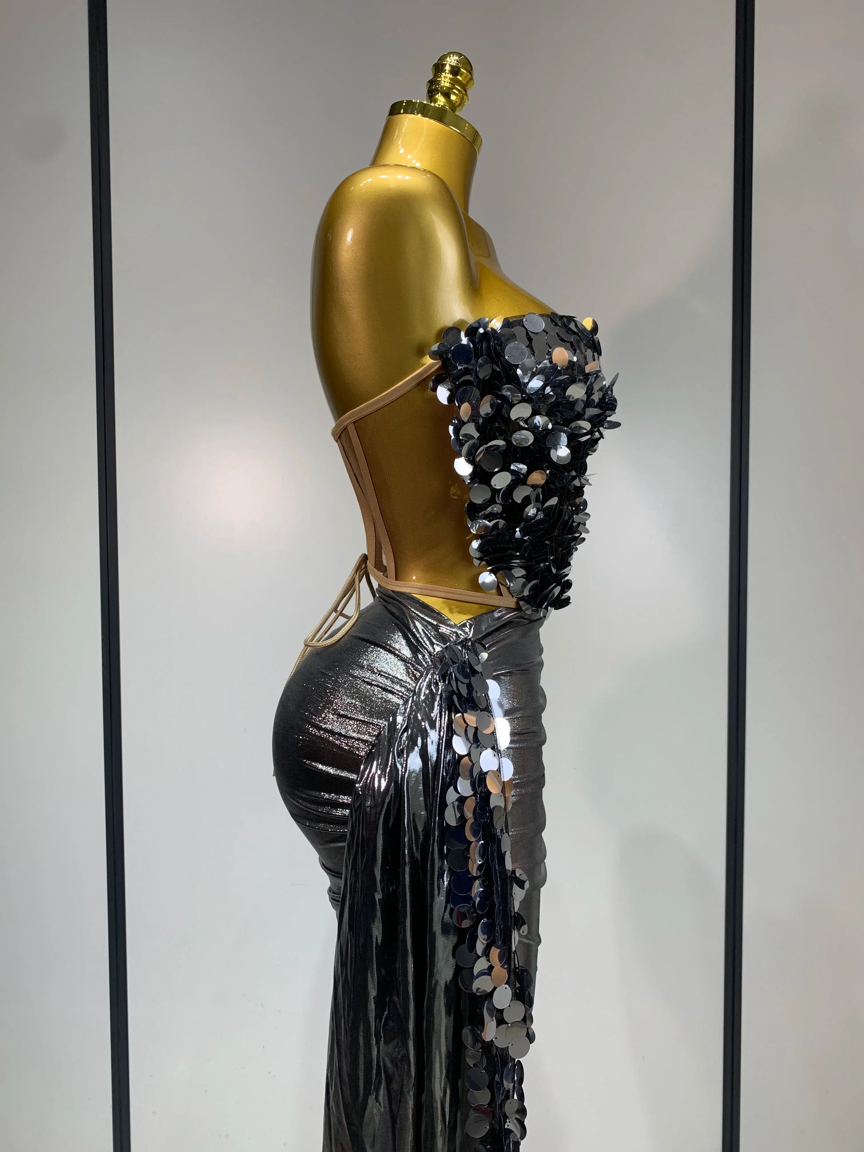 Sparkly Sequin Two Piece Set Sexy Strapless Backless Women's Outfit Evening Party Nightclub Stage Performance Dance Costume - Image 3