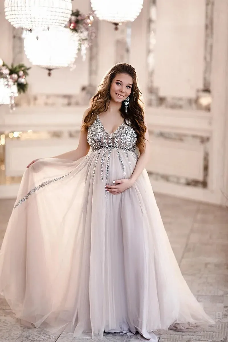 Sparkly Sequines Empire Maternity Evening Dress V-Neck Tulle Pregnant Woman Gowns Sleeveless Sweep Train Prom Dresses - Image 2