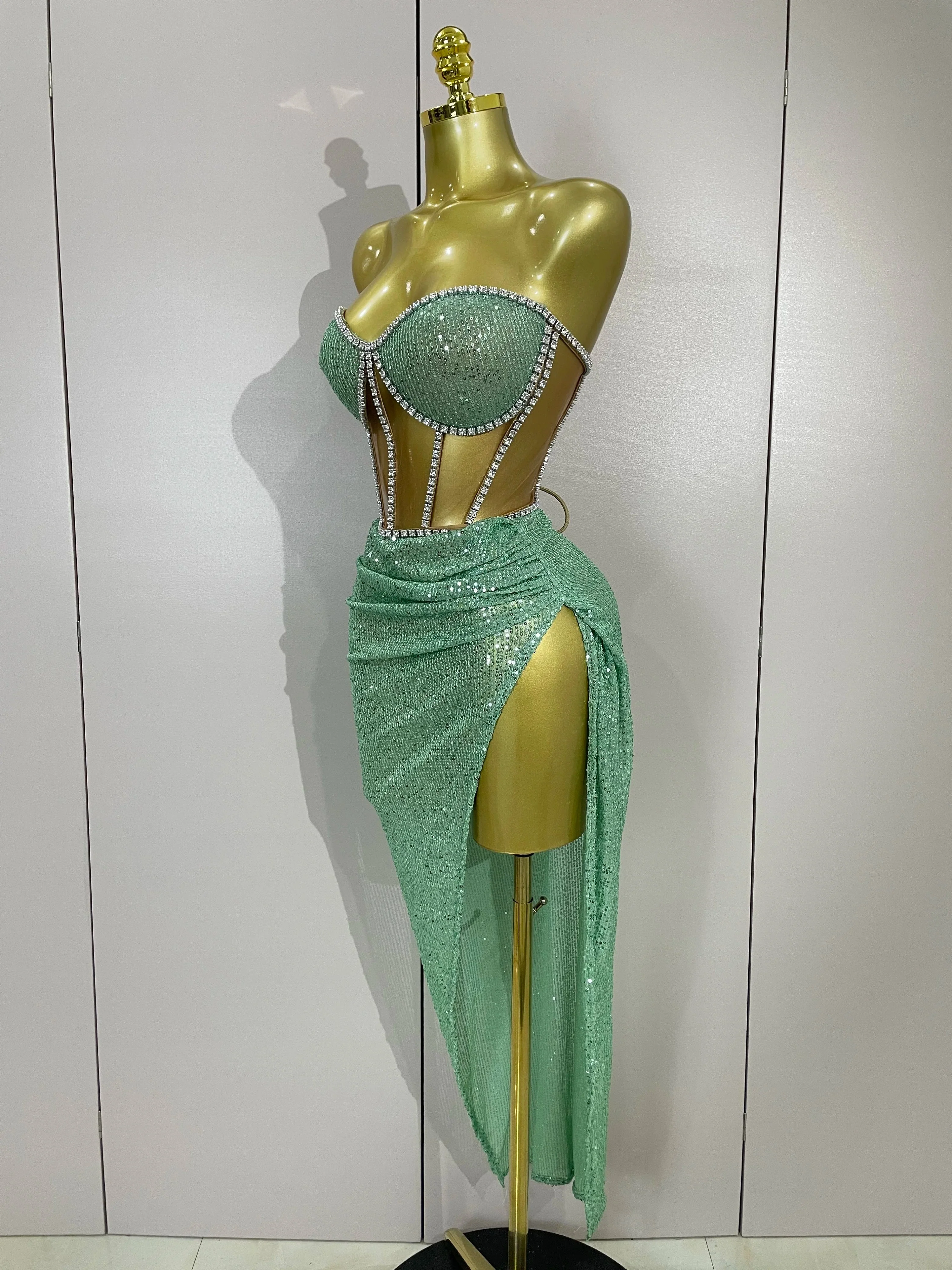 Sparkly Sequins Diamond Birthday Party Two Piece Set Evening Dress  Women Sexy Singer Dancer NightClub Bar Performan Costume - Image 2