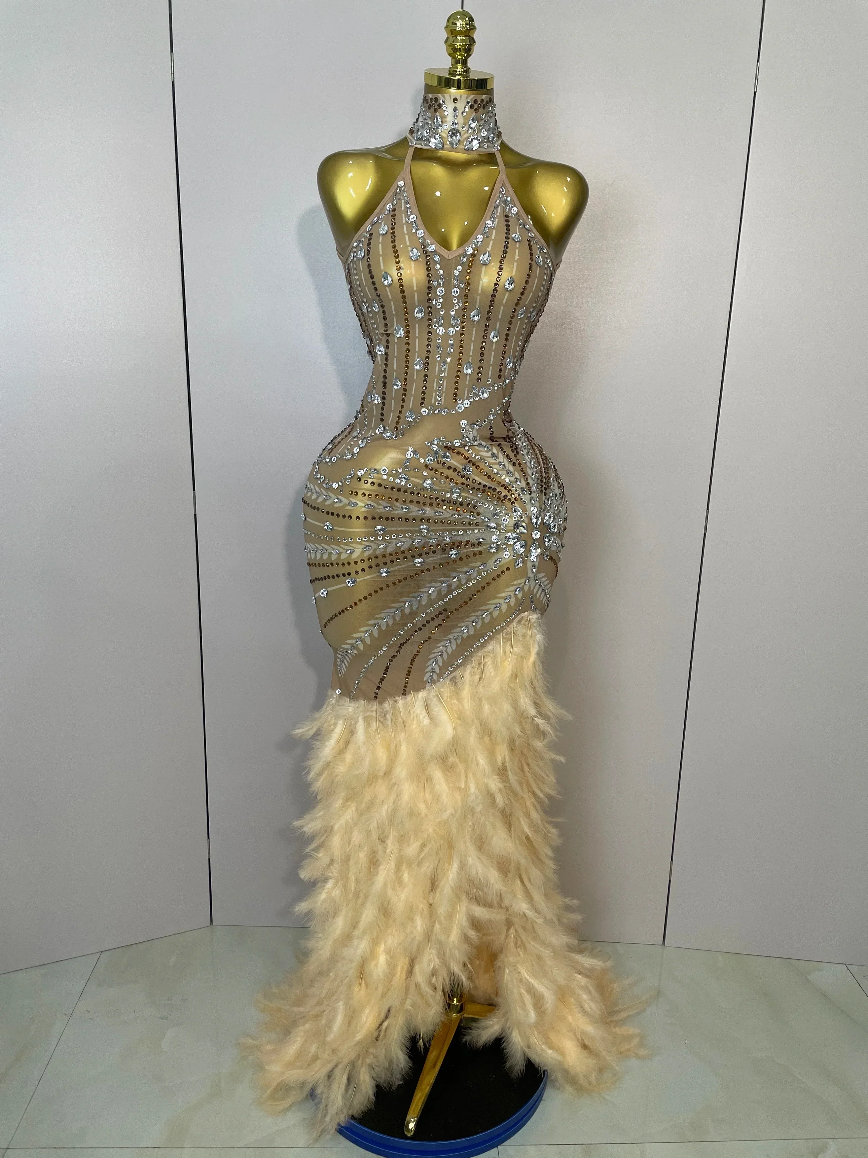 Sparkly Sexy Crystal  Floor-Length Feathers Maxi Dress  Elegant  Evening Party Birthday Performance Prom Dance Stage Costume