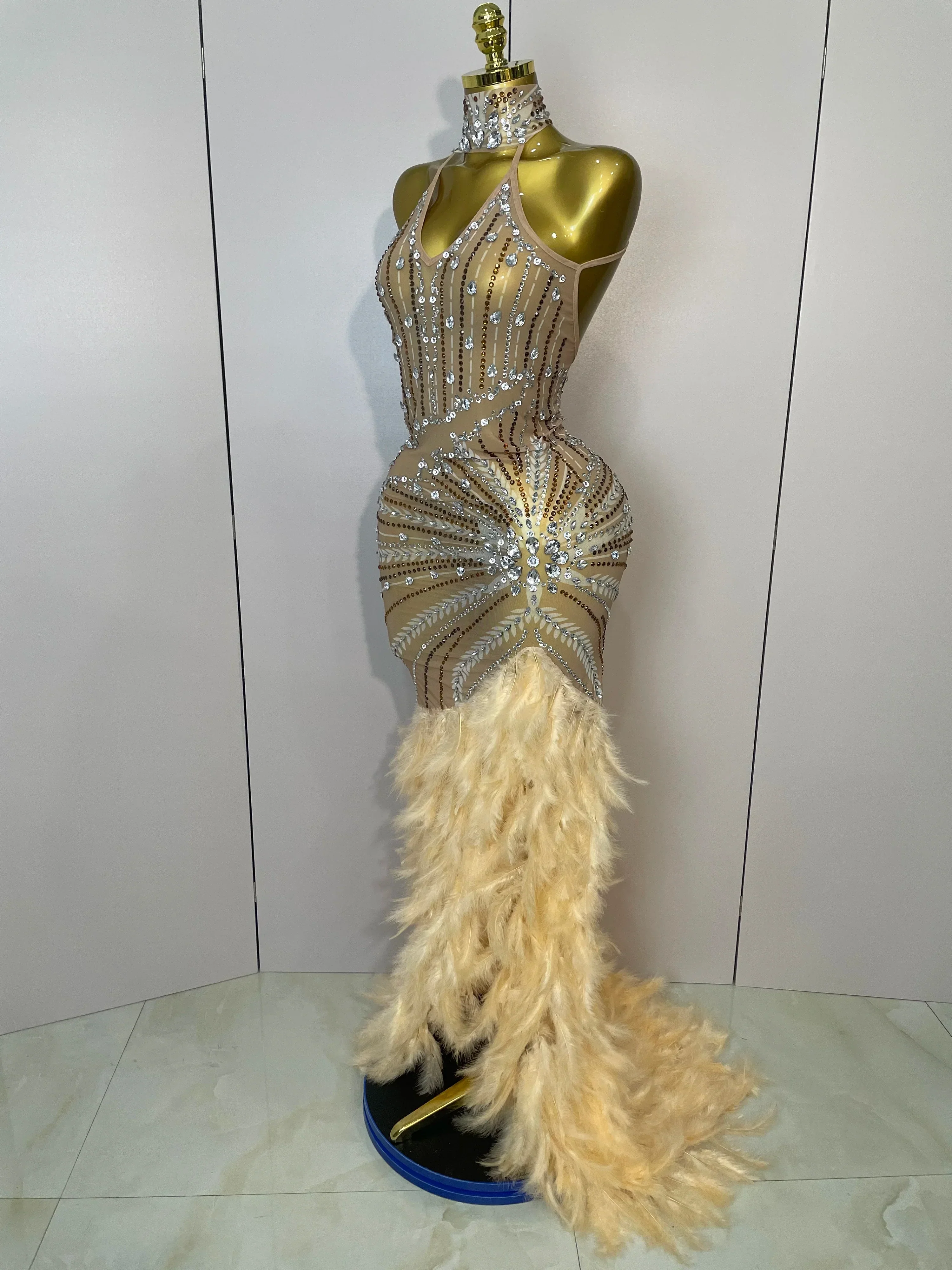 Sparkly Sexy Crystal  Floor-Length Feathers Maxi Dress  Elegant  Evening Party Birthday Performance Prom Dance Stage Costume - Image 2