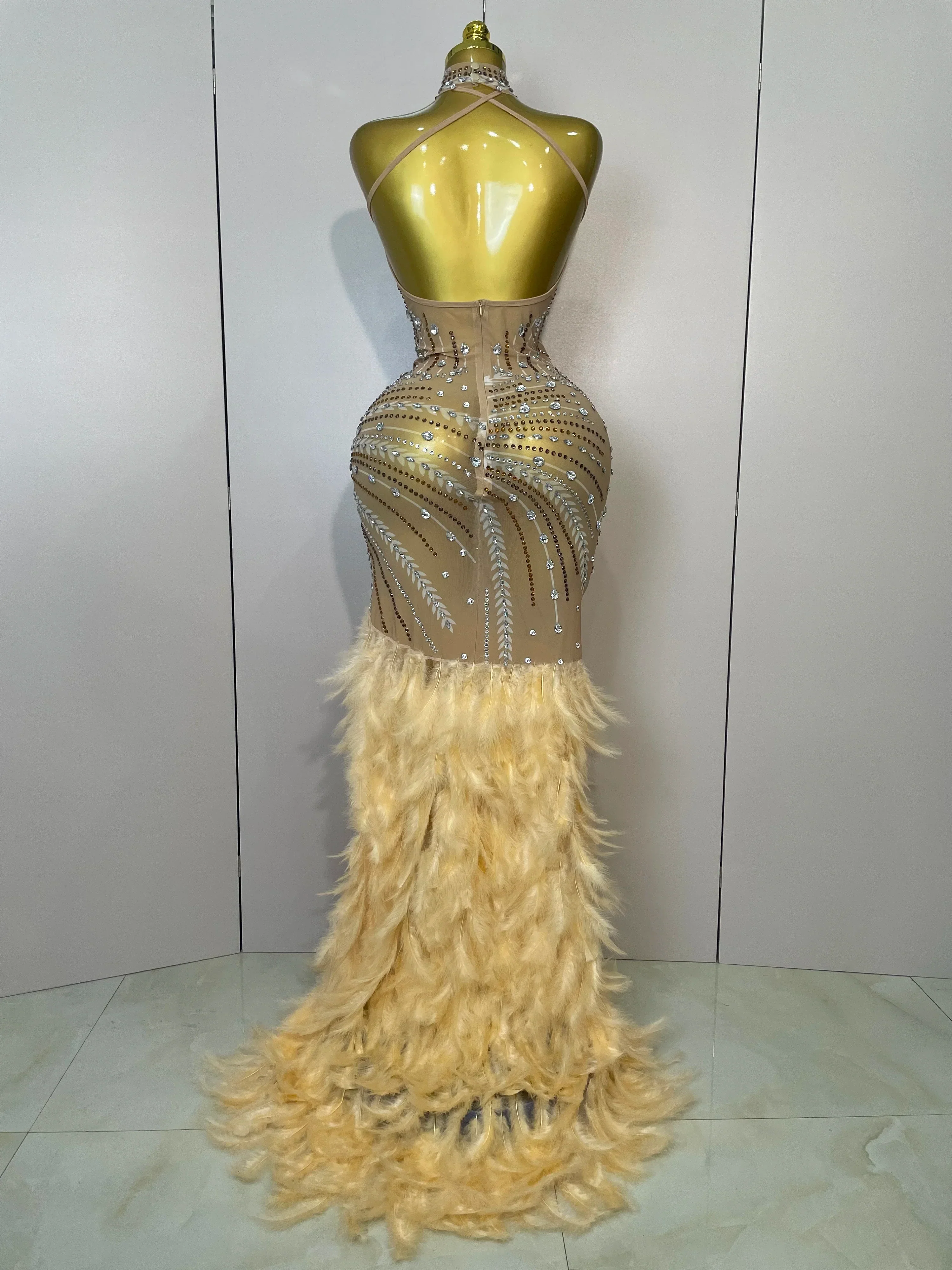 Sparkly Sexy Crystal  Floor-Length Feathers Maxi Dress  Elegant  Evening Party Birthday Performance Prom Dance Stage Costume - Image 3
