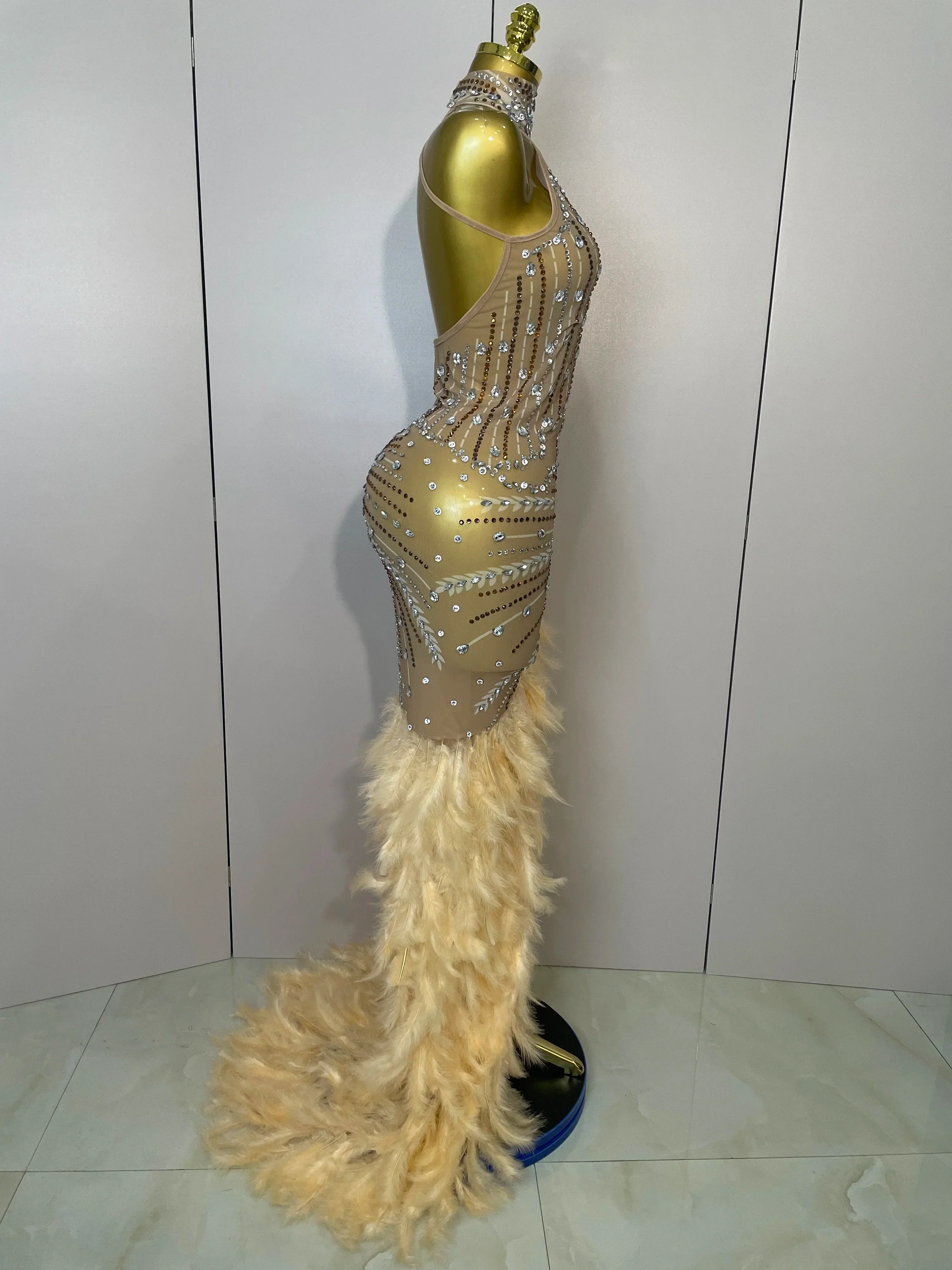 Sparkly Sexy Crystal  Floor-Length Feathers Maxi Dress  Elegant  Evening Party Birthday Performance Prom Dance Stage Costume - Image 4