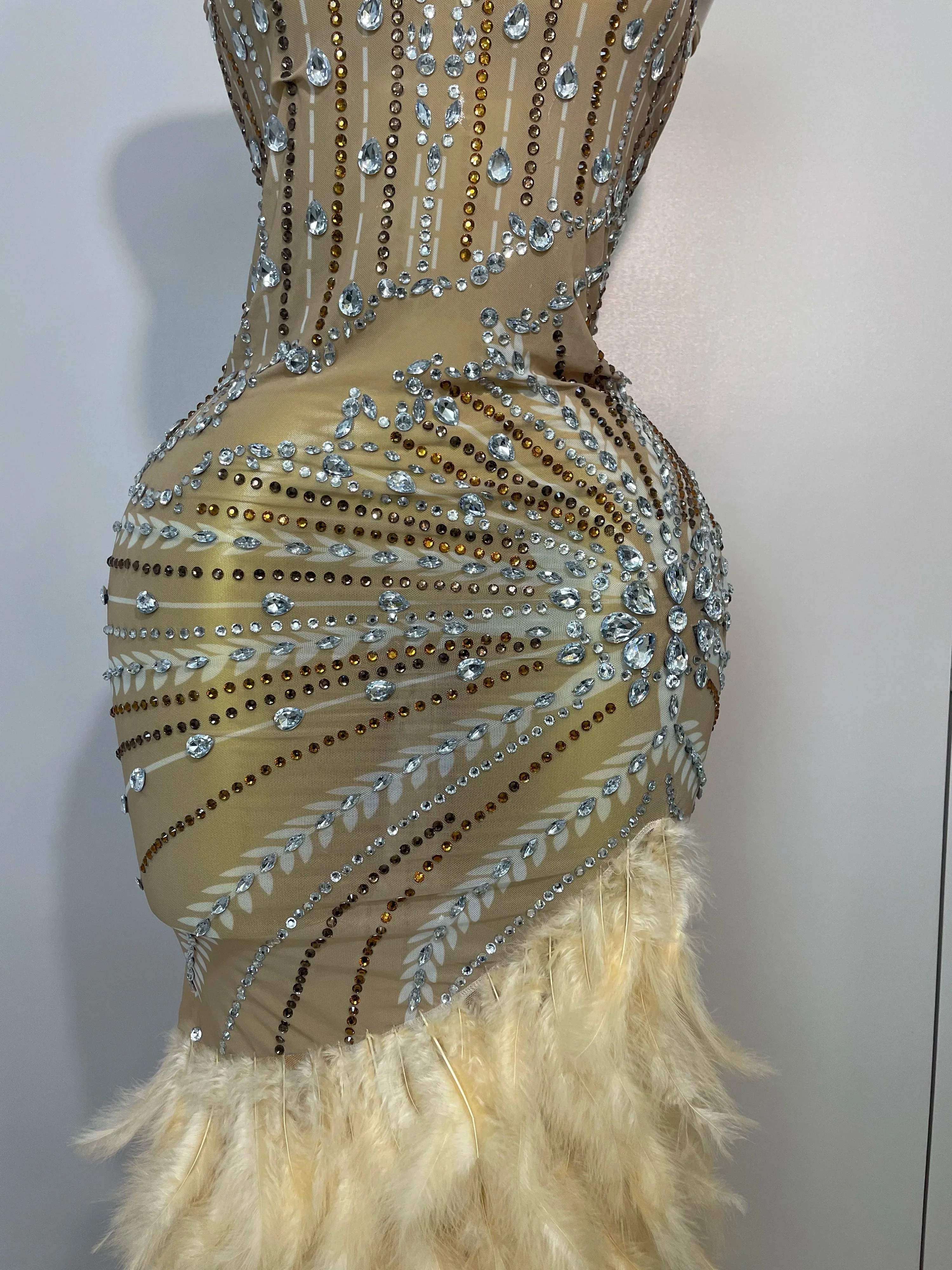 Sparkly Sexy Crystal  Floor-Length Feathers Maxi Dress  Elegant  Evening Party Birthday Performance Prom Dance Stage Costume - Image 6