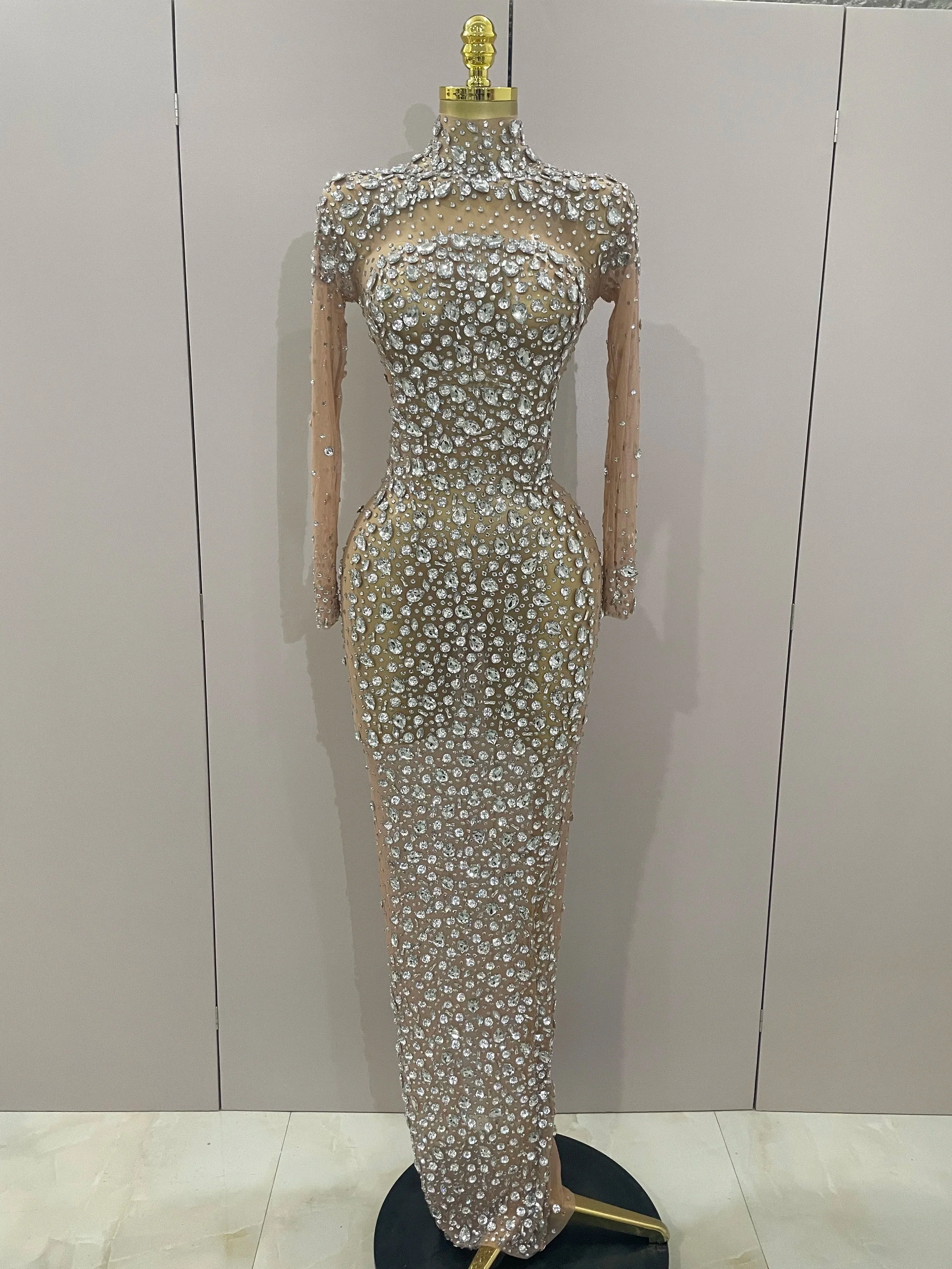 Sparkly Silver Big Rhinestone Sexy Transparent Long Dress  Women Evening Birthday Party Celebrate Club Dancer Stage Costume