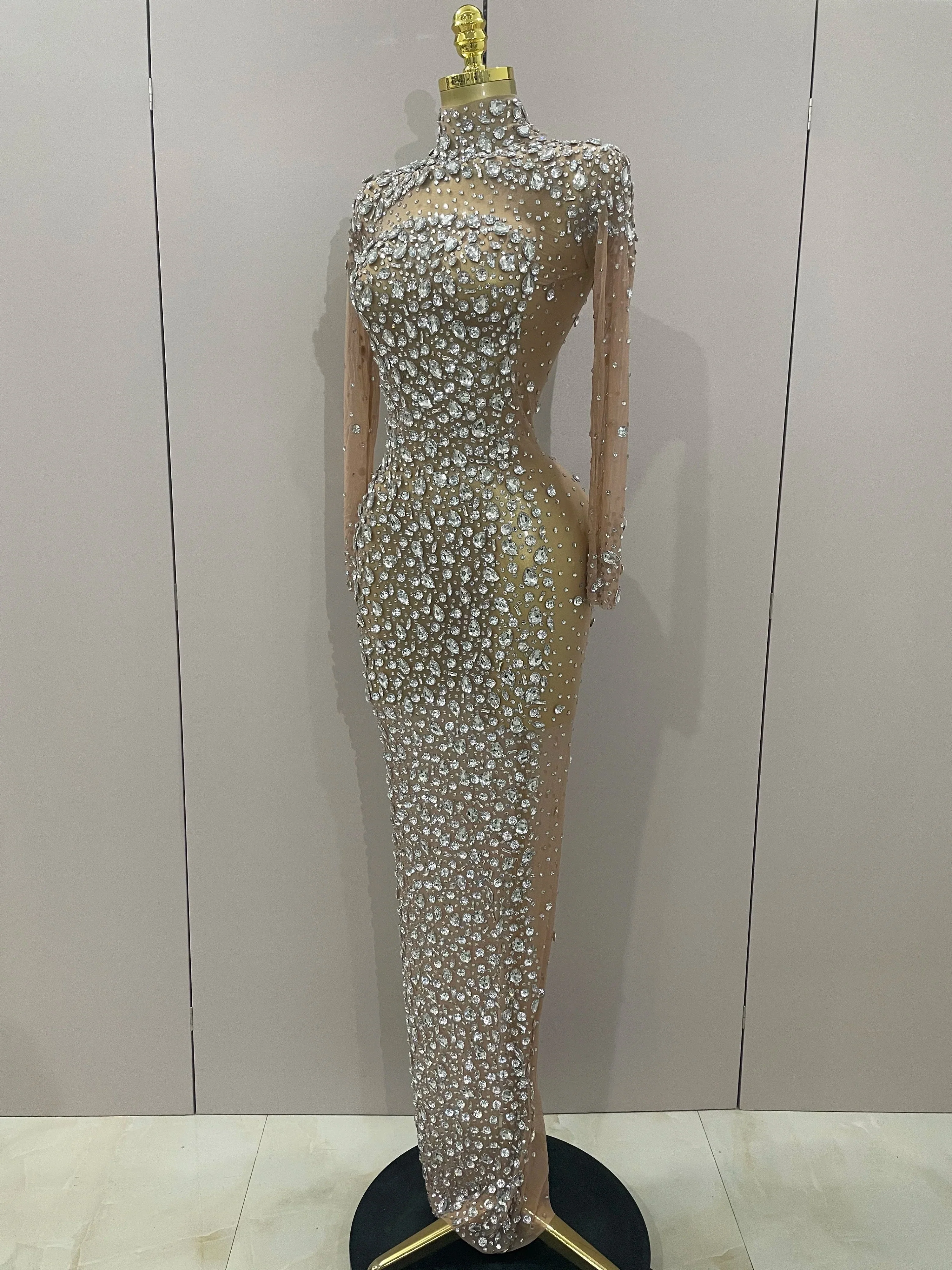 Sparkly Silver Big Rhinestone Sexy Transparent Long Dress  Women Evening Birthday Party Celebrate Club Dancer Stage Costume - Image 2