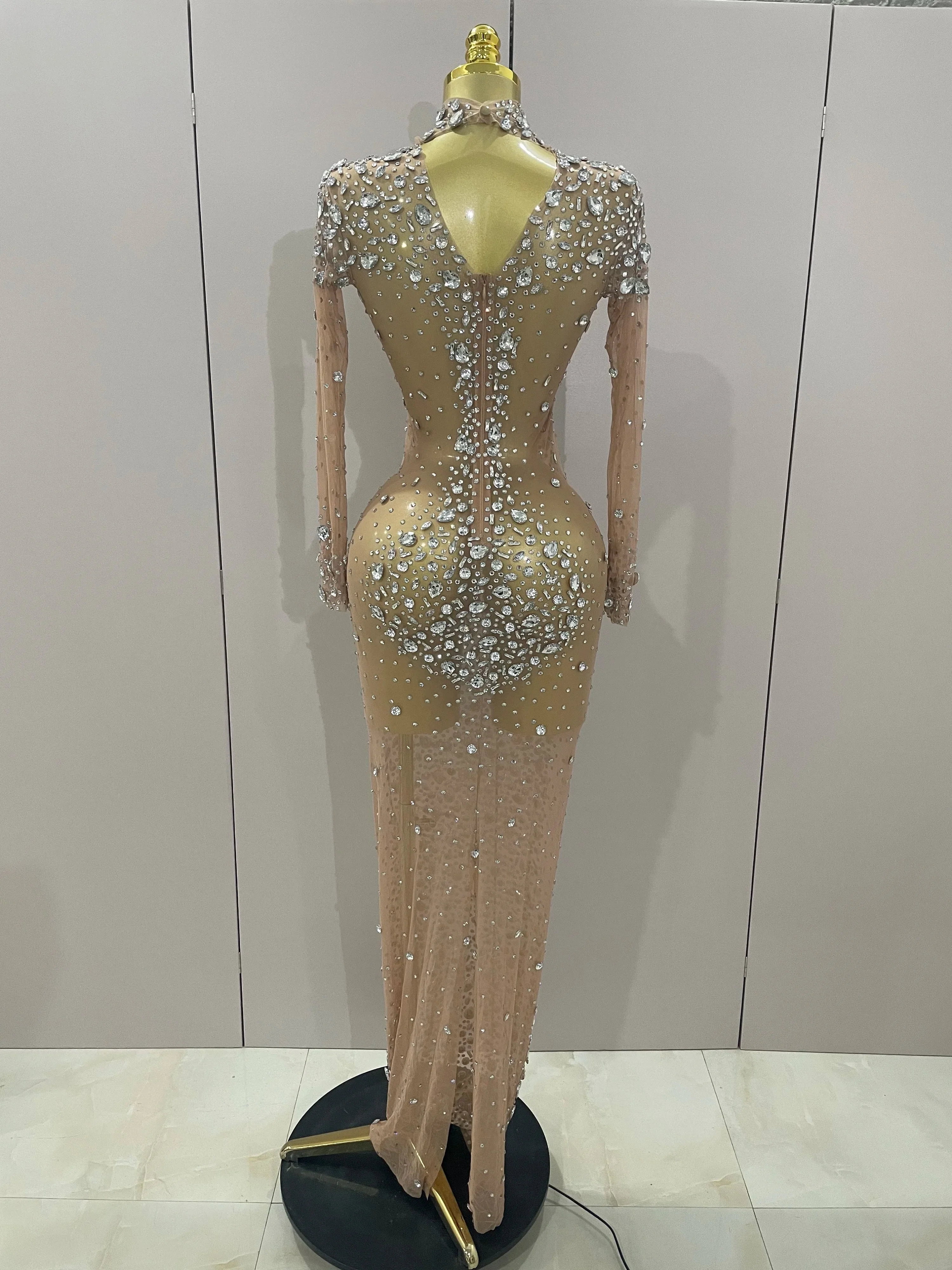 Sparkly Silver Big Rhinestone Sexy Transparent Long Dress  Women Evening Birthday Party Celebrate Club Dancer Stage Costume - Image 3