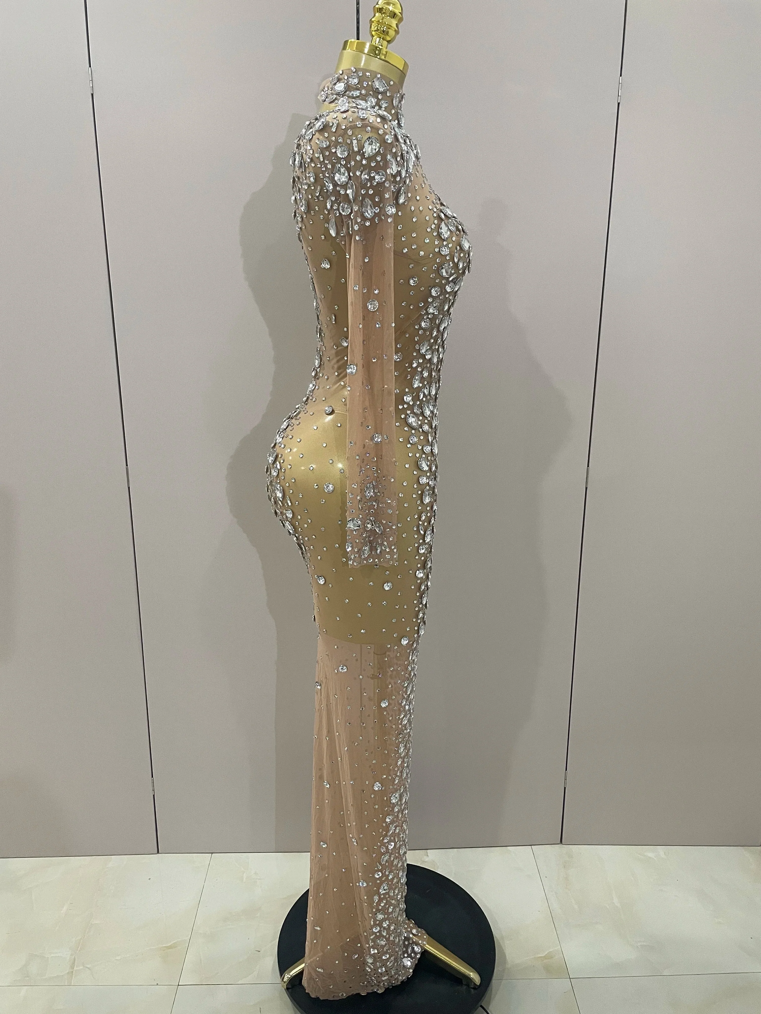Sparkly Silver Big Rhinestone Sexy Transparent Long Dress  Women Evening Birthday Party Celebrate Club Dancer Stage Costume - Image 4