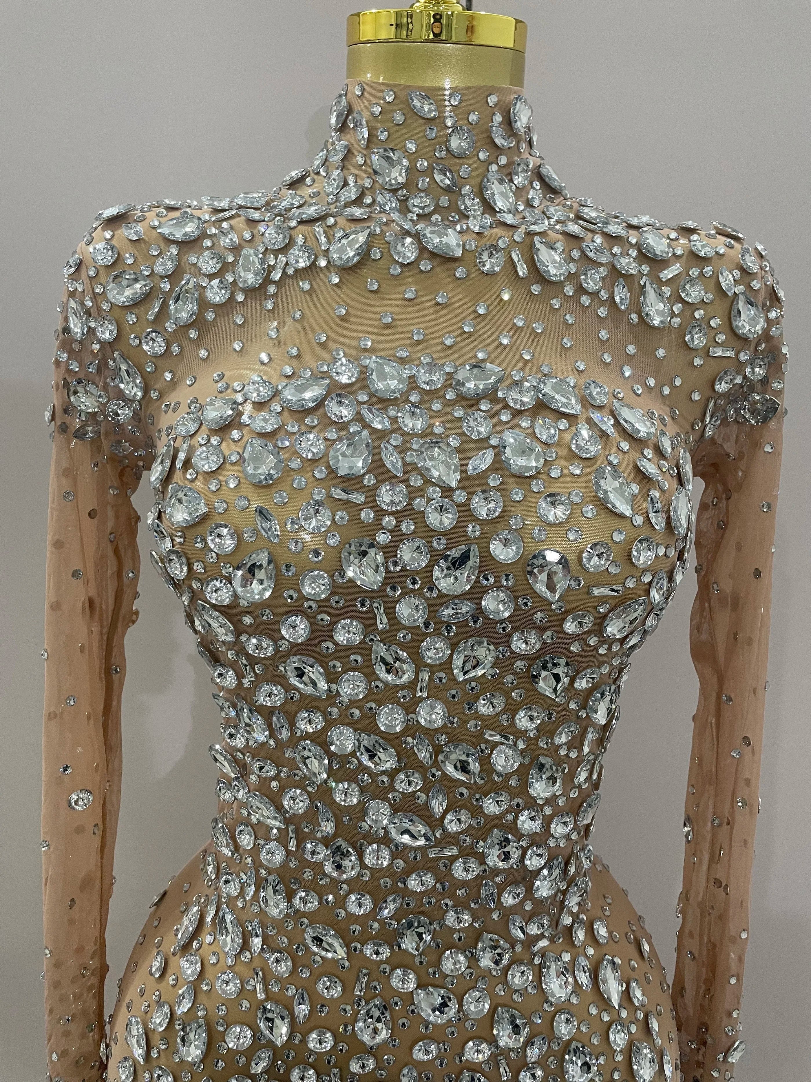 Sparkly Silver Big Rhinestone Sexy Transparent Long Dress  Women Evening Birthday Party Celebrate Club Dancer Stage Costume - Image 5