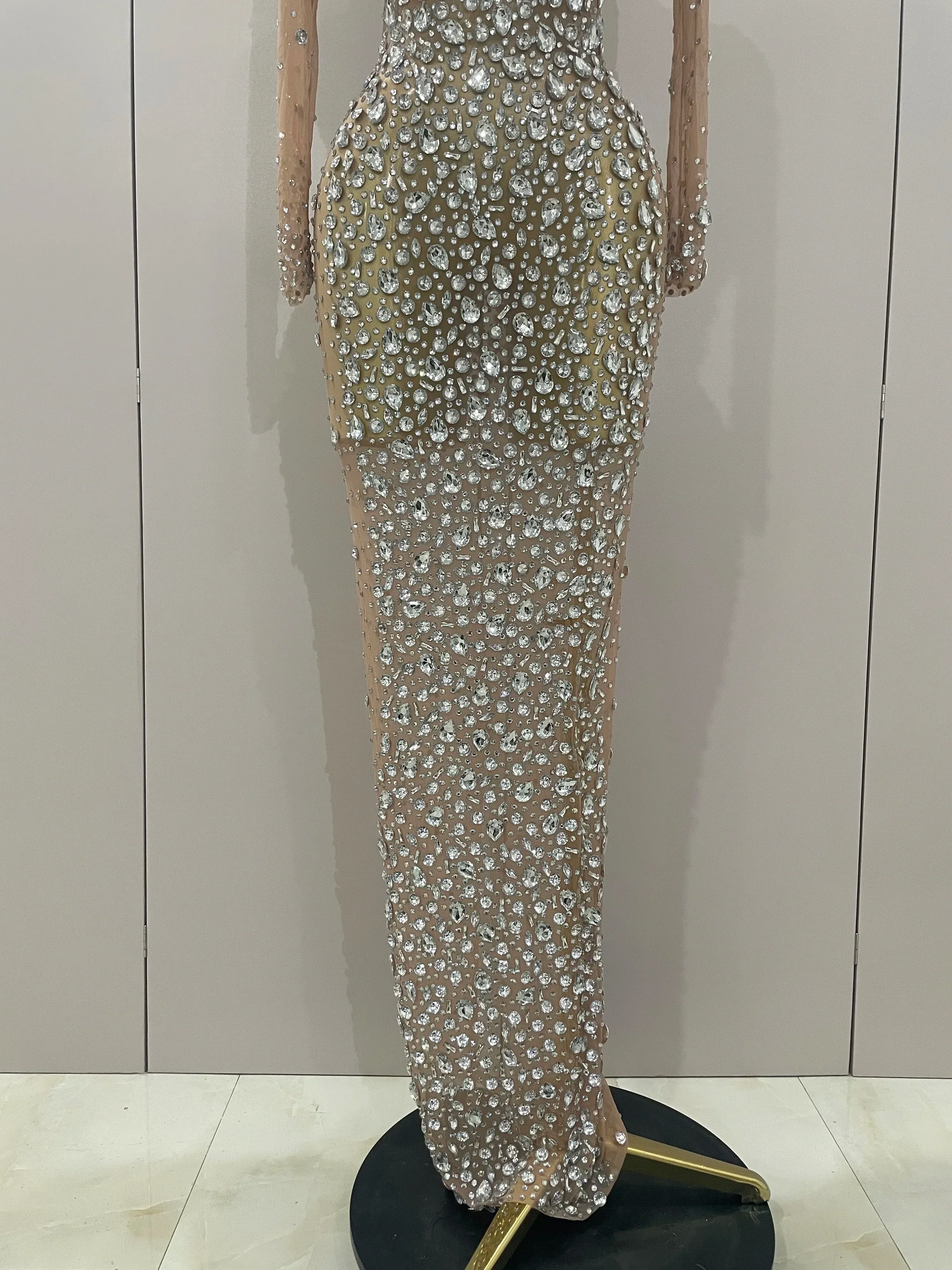 Sparkly Silver Big Rhinestone Sexy Transparent Long Dress  Women Evening Birthday Party Celebrate Club Dancer Stage Costume - Image 6