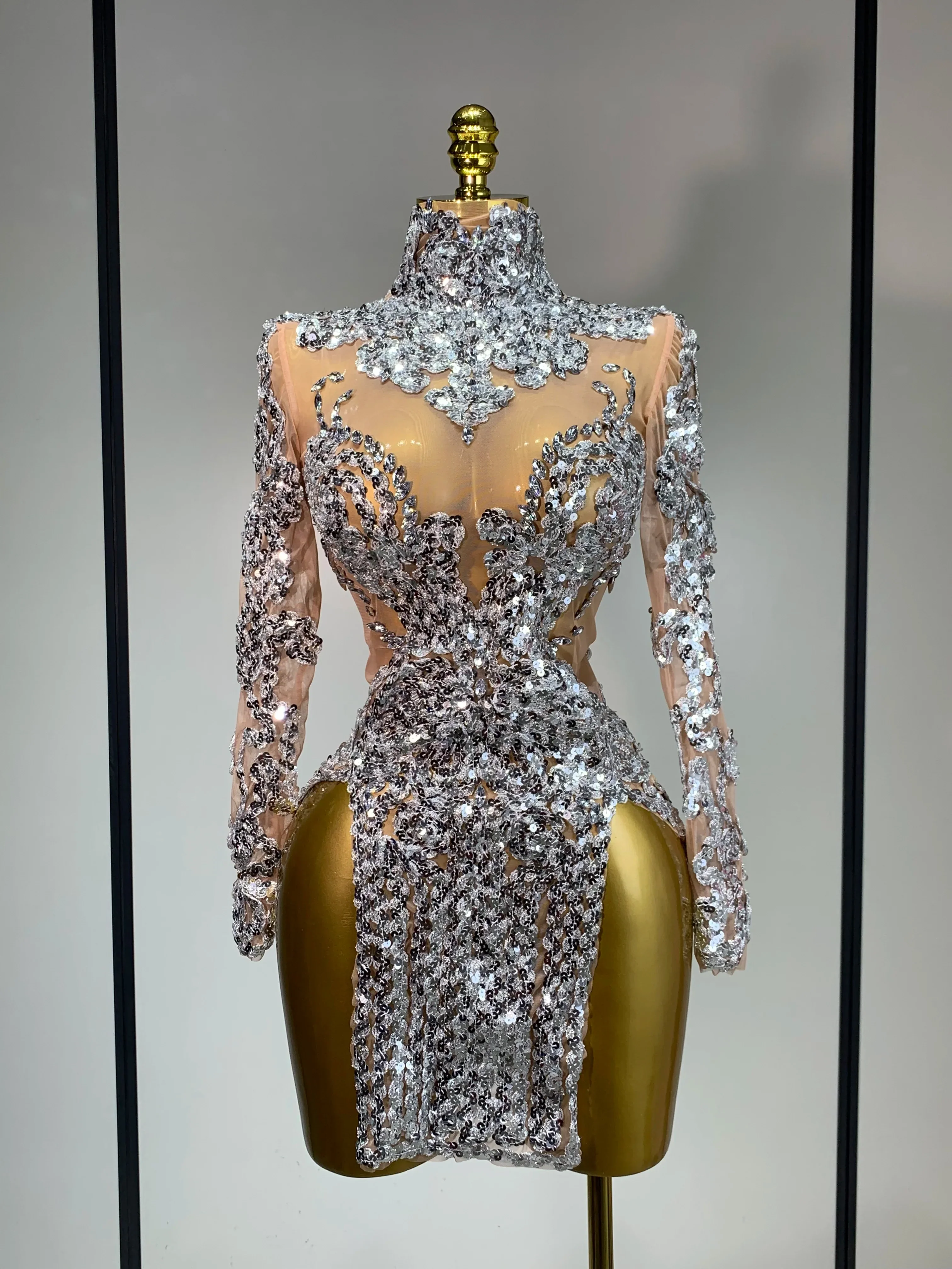 Sparkly Silver Gold Sequins Short Dress Sexy High Slit Women Nightclub Evening Party Dress Birthday Singer Stage Show Outfit