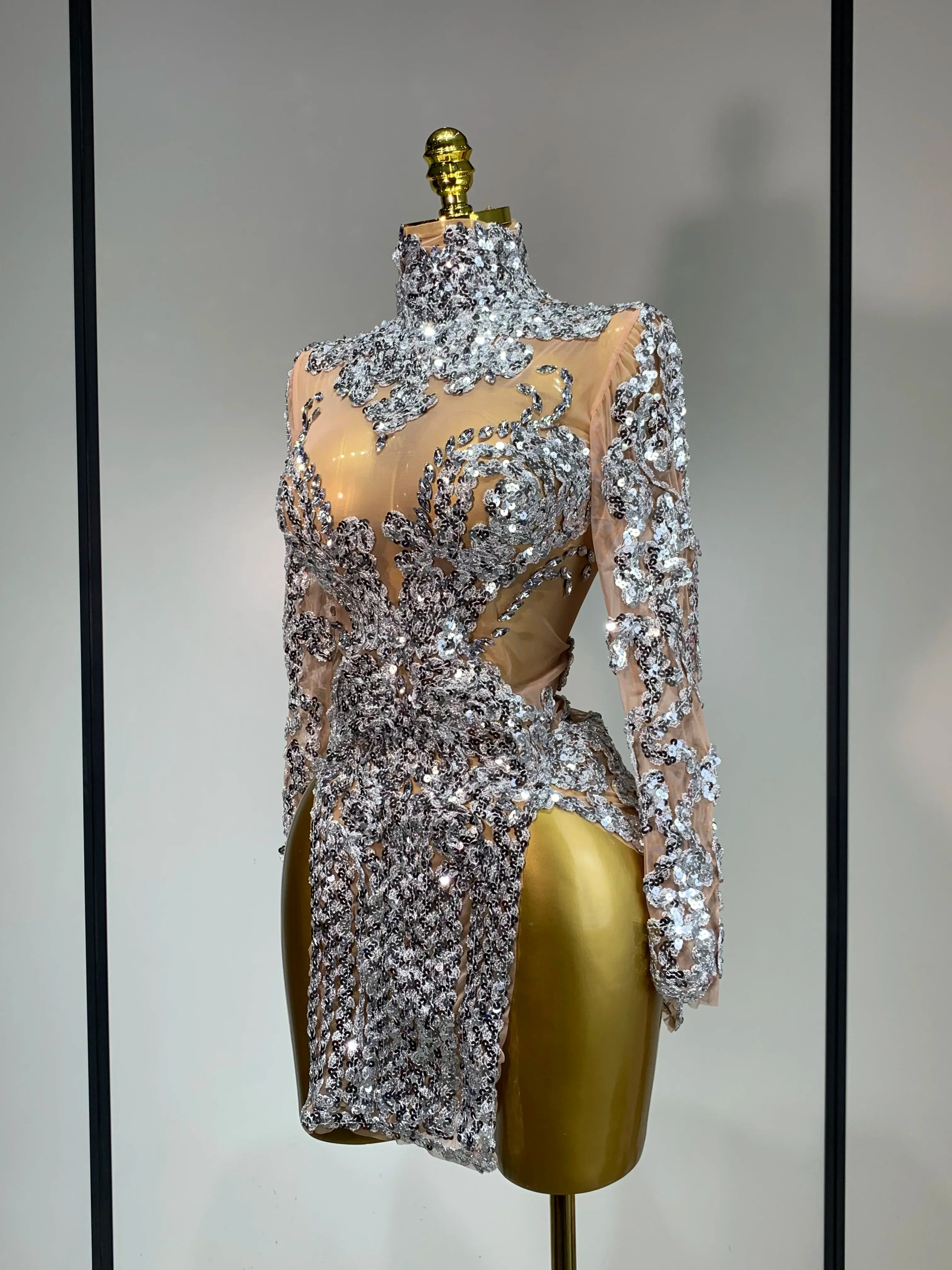 Sparkly Silver Gold Sequins Short Dress Sexy High Slit Women Nightclub Evening Party Dress Birthday Singer Stage Show Outfit - Image 2