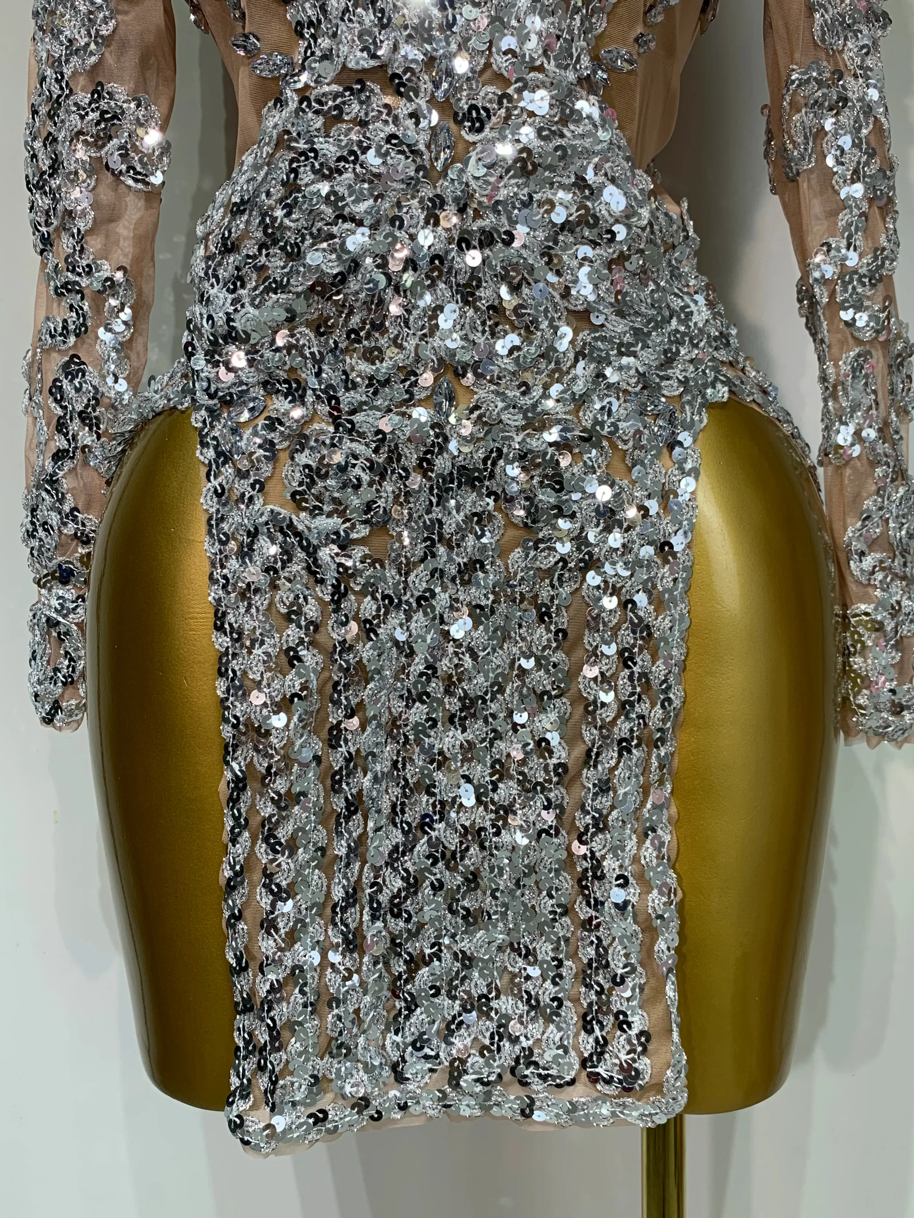 Sparkly Silver Gold Sequins Short Dress Sexy High Slit Women Nightclub Evening Party Dress Birthday Singer Stage Show Outfit - Image 6