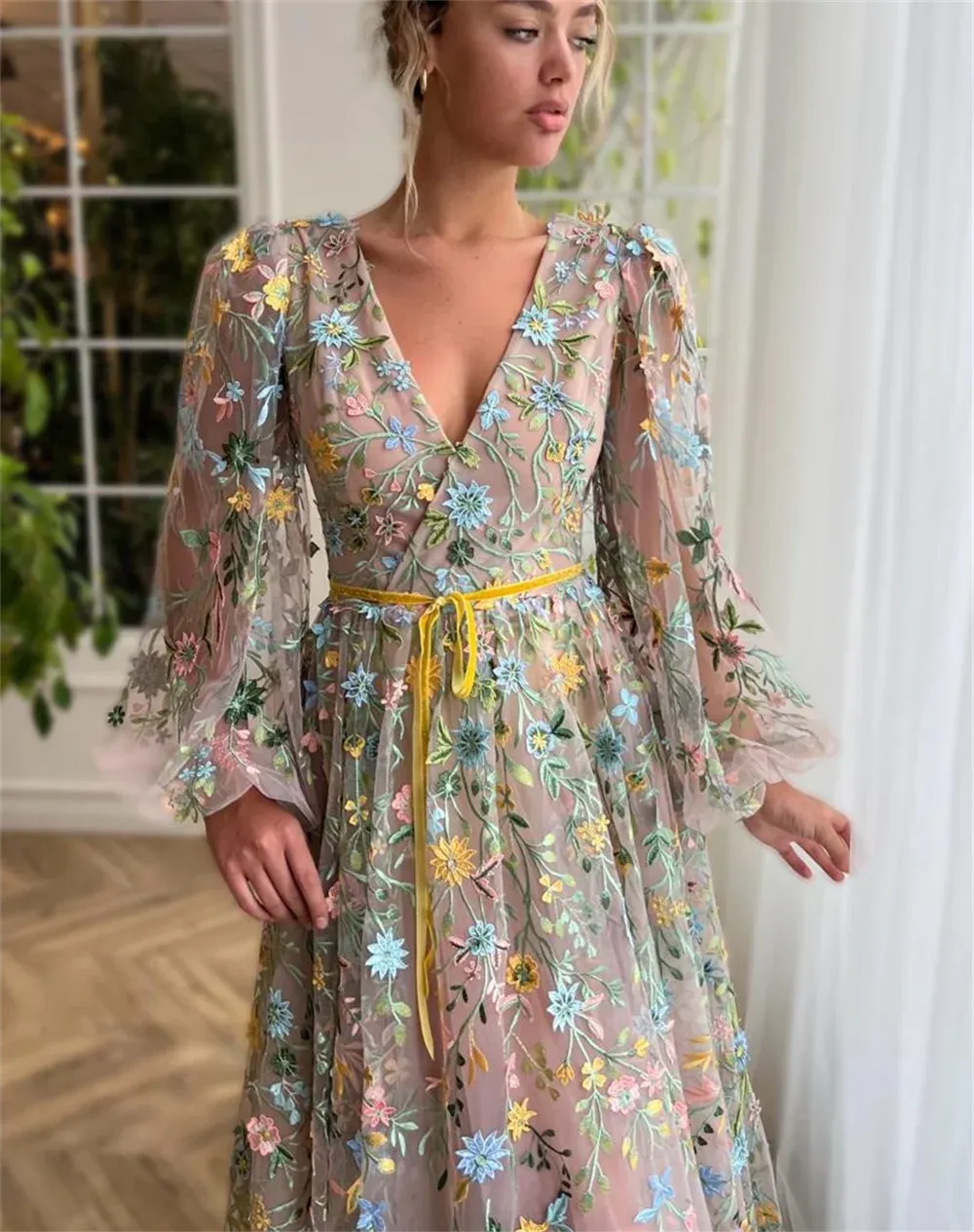 Spirit Flower Lace Vestidos De Noche Princess Puffy Sleeve A-line Sweet V-neck Spring Prom Dresses