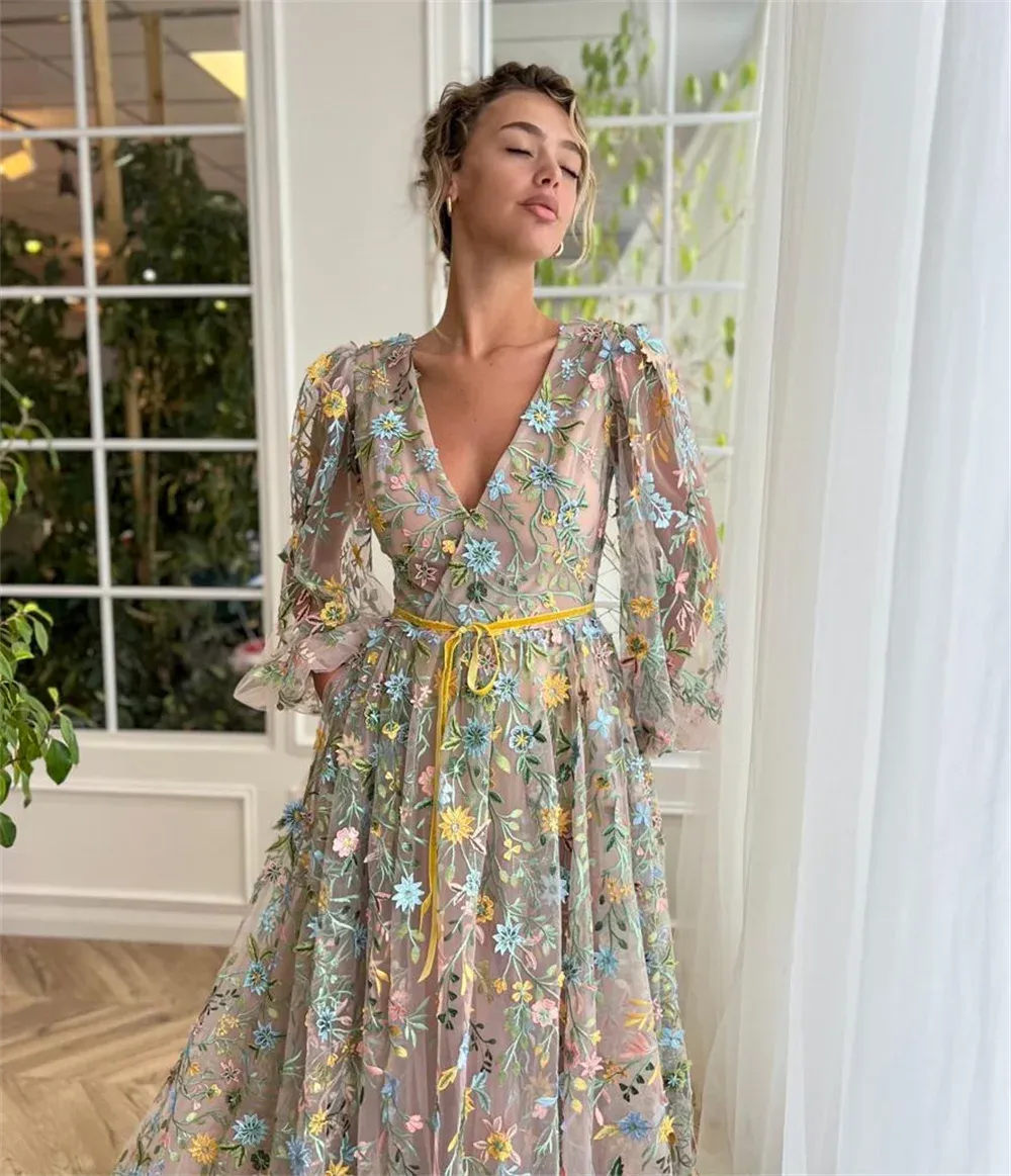 Spirit Flower Lace Vestidos De Noche Princess Puffy Sleeve A-line Sweet V-neck Spring Prom Dresses - Image 3