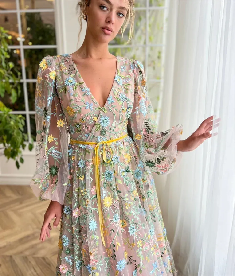 Spirit Flower Lace Vestidos De Noche Princess Puffy Sleeve A-line Sweet V-neck Spring Prom Dresses - Image 4