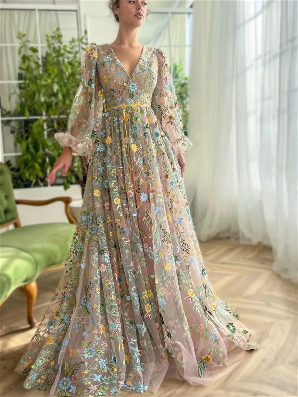 Spirit Flower Lace Vestidos De Noche Princess Puffy Sleeve A-line Sweet V-neck Spring Prom Dresses - Image 5