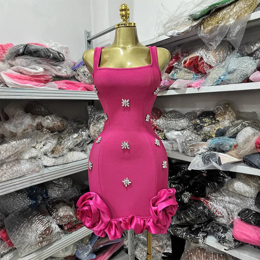 Spliced Diamonds Flower Bandage Mini Dress For Women Solid Color Sleeveless Bodycon Party Dresses Female 2025 - Image 10