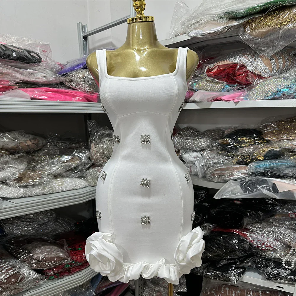 Spliced Diamonds Flower Bandage Mini Dress For Women Solid Color Sleeveless Bodycon Party Dresses Female 2025 - Image 11