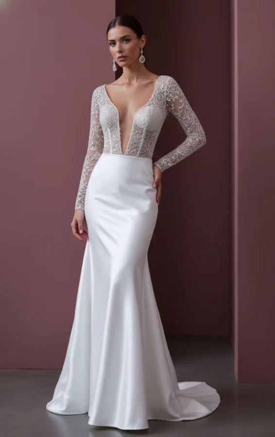 Long Heavy Lace Sleeve Wedding Dress Winter Church Style - Image 2