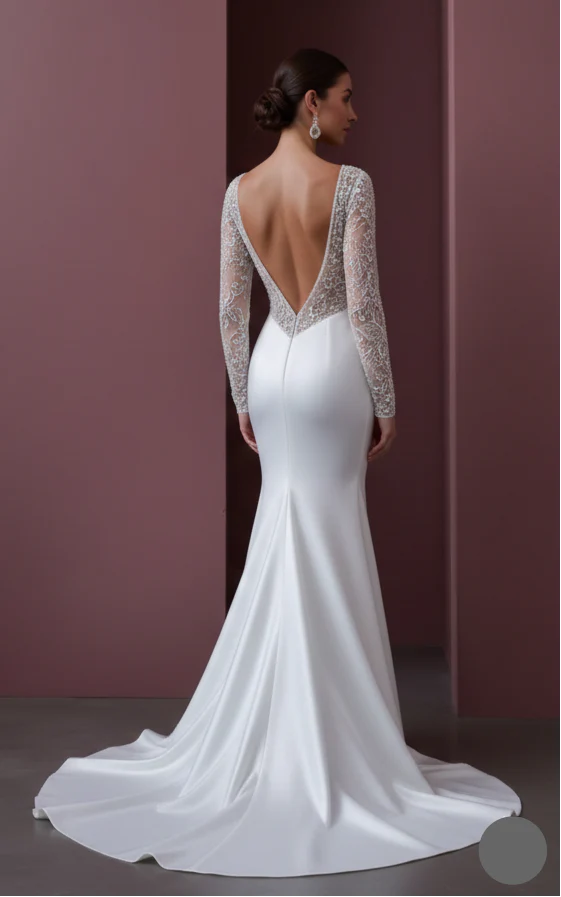Long Heavy Lace Sleeve Wedding Dress Winter Church Style - Image 3