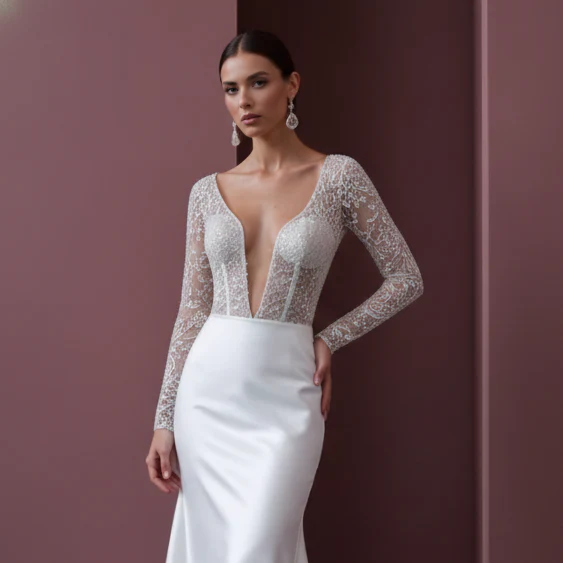 Long Heavy Lace Sleeve Wedding Dress Winter Church Style - Image 4