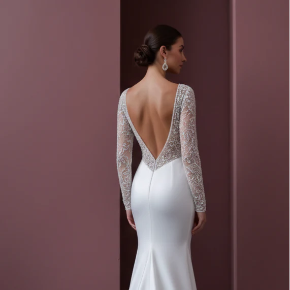 Long Heavy Lace Sleeve Wedding Dress Winter Church Style - Image 5