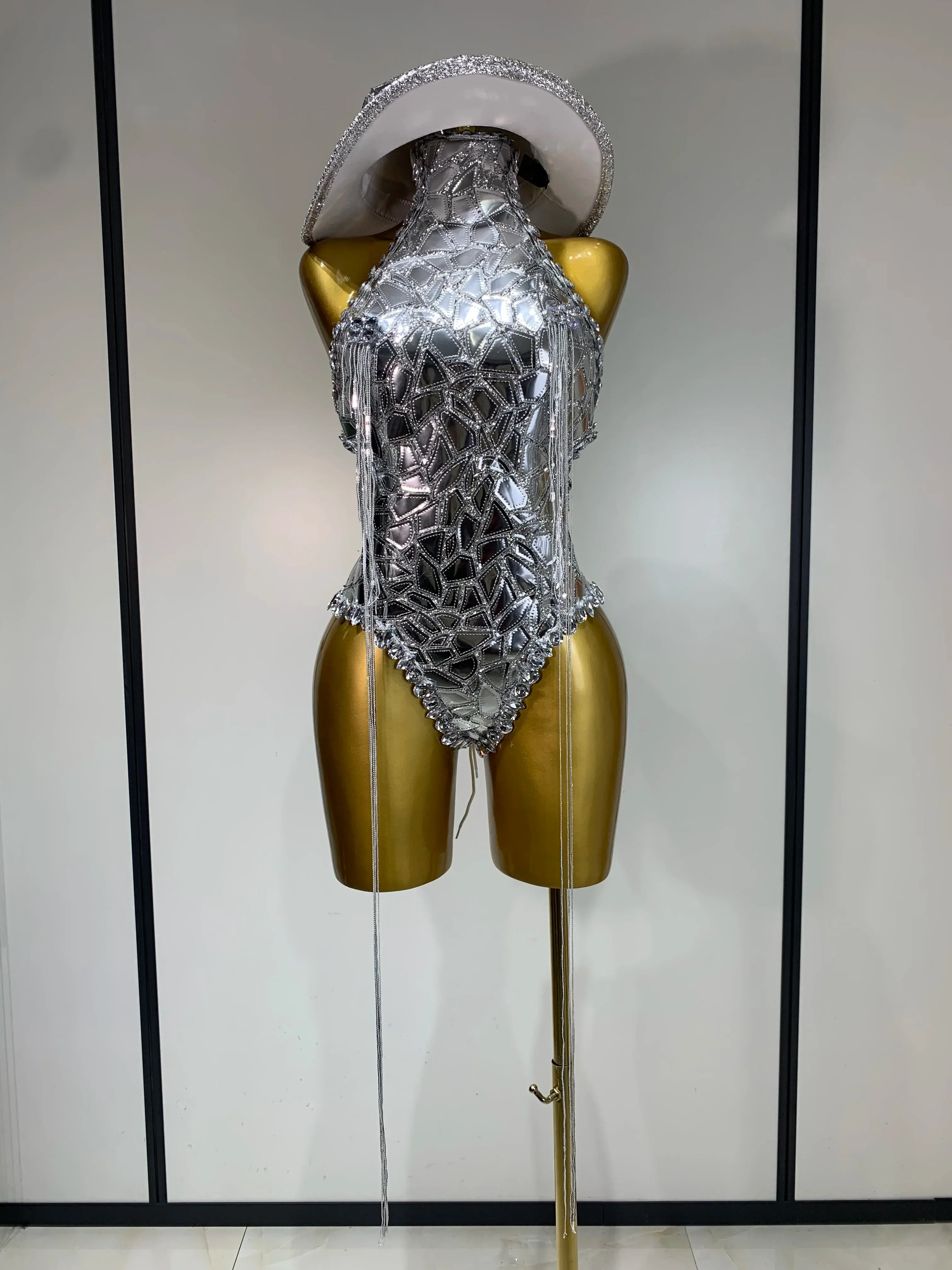 Sprakly Silver Bodysuit Sexy Two Pieces Outfit Dancer Birthday Evening Party Celebrate Performance Singer Stage Perform Outfit
