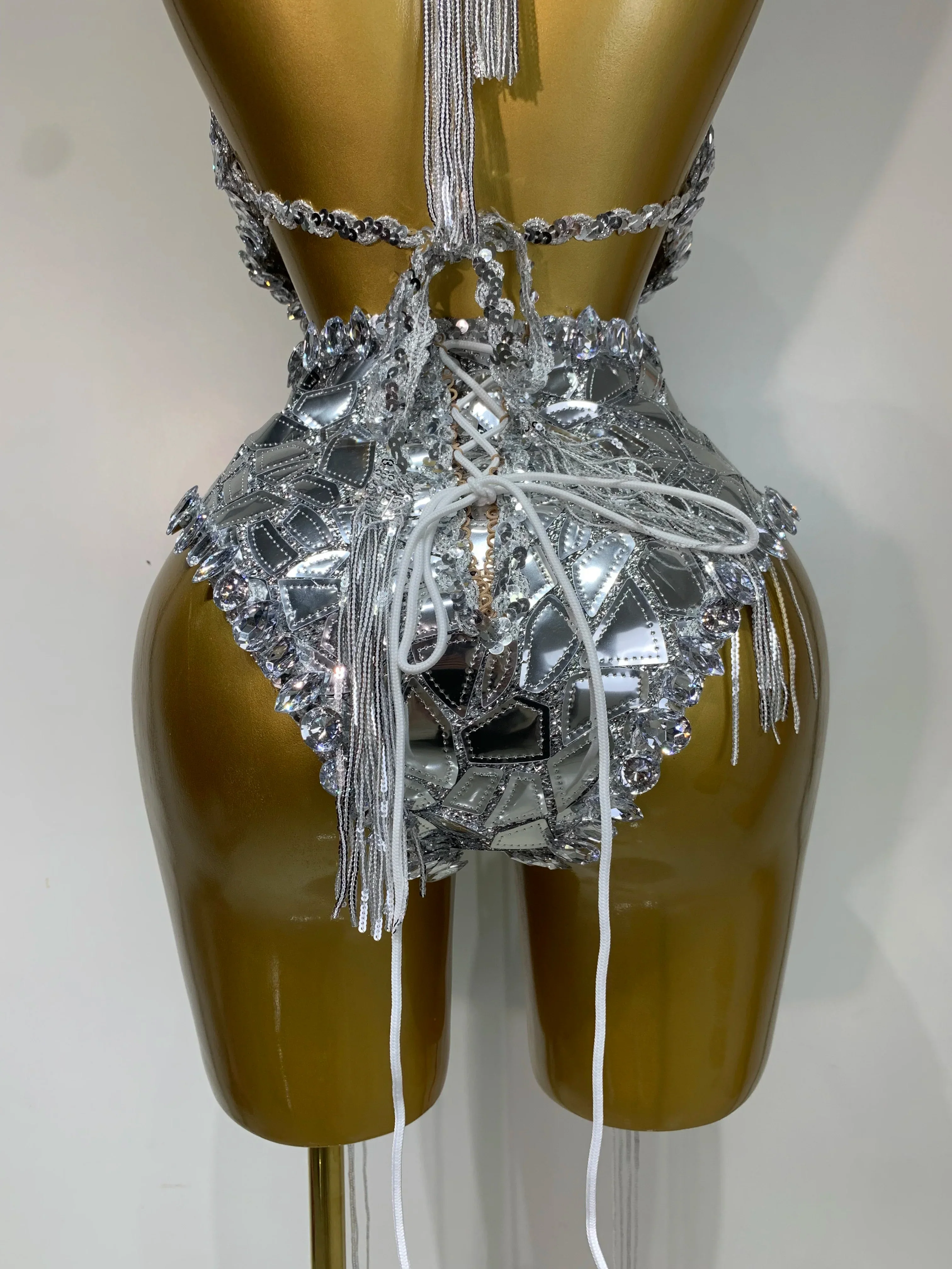 Sprakly Silver Bodysuit Sexy Two Pieces Outfit Dancer Birthday Evening Party Celebrate Performance Singer Stage Perform Outfit - Image 6